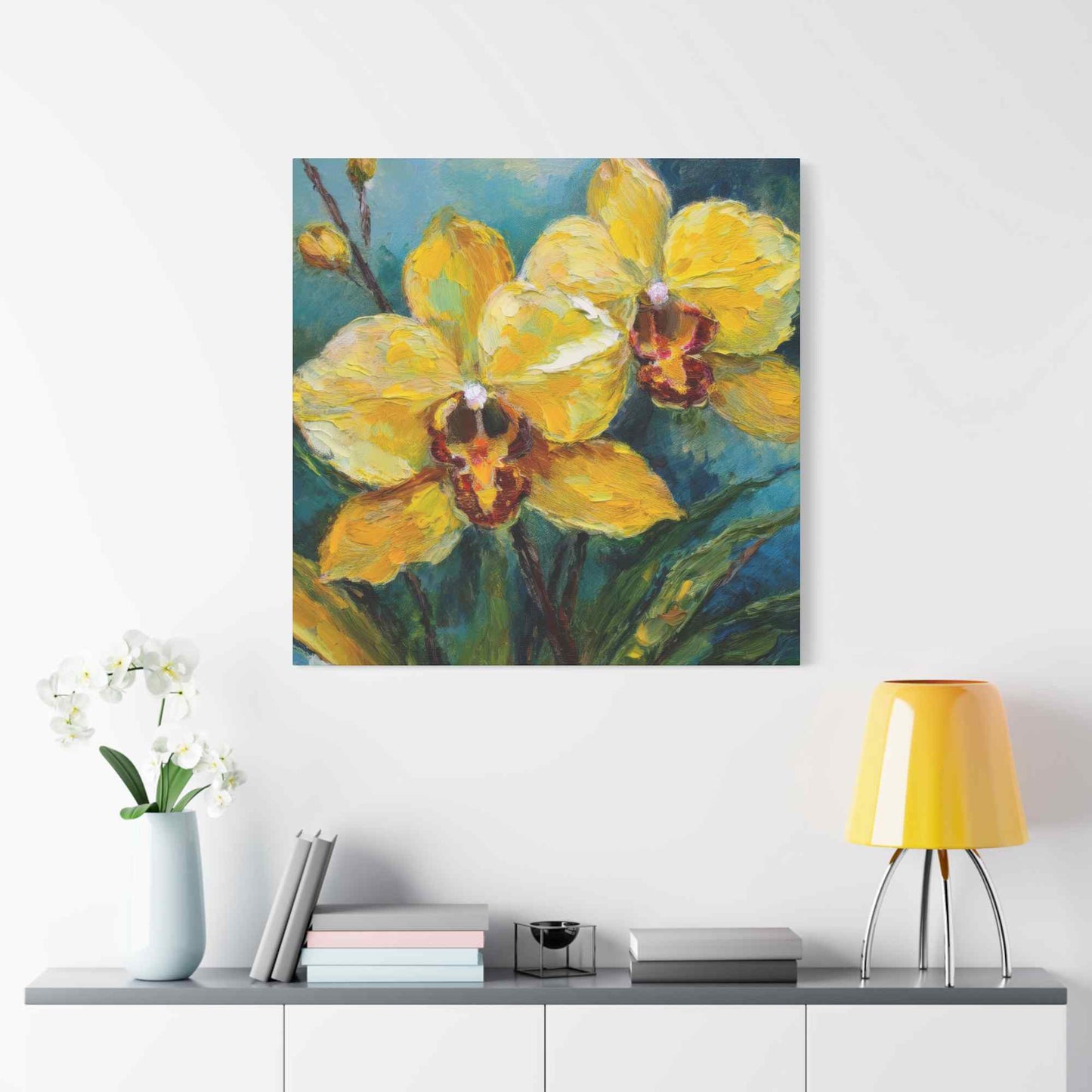 Yellow Orchids Print Canvas, Floral Oil Paint Print 20x20, 24x24, 30x30, 32x32, 36x36 Art Design Pine-Wood Inner Frame MC-139