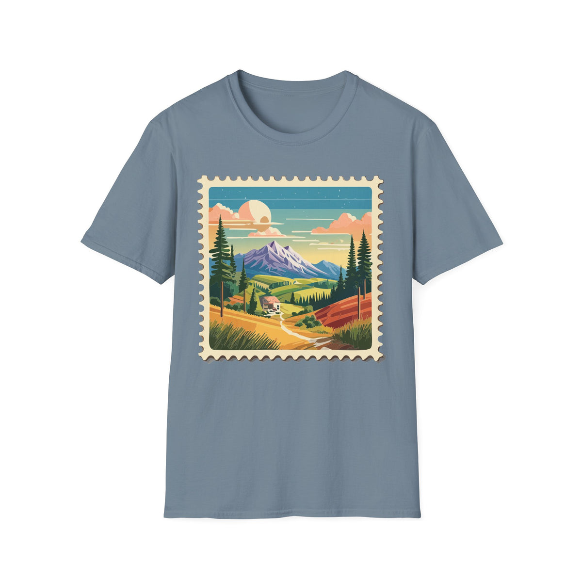 Mountain Landscape Stamp T-Shirt | Retro Sunset Scenic Tee