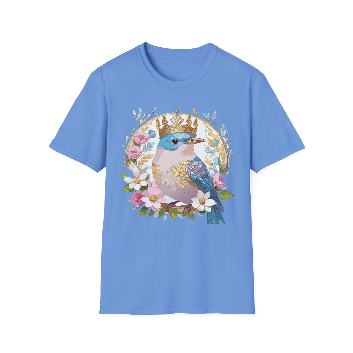 Crowned Bluebird with Floral Wreath T-Shirt | Royal Bird Illustration
