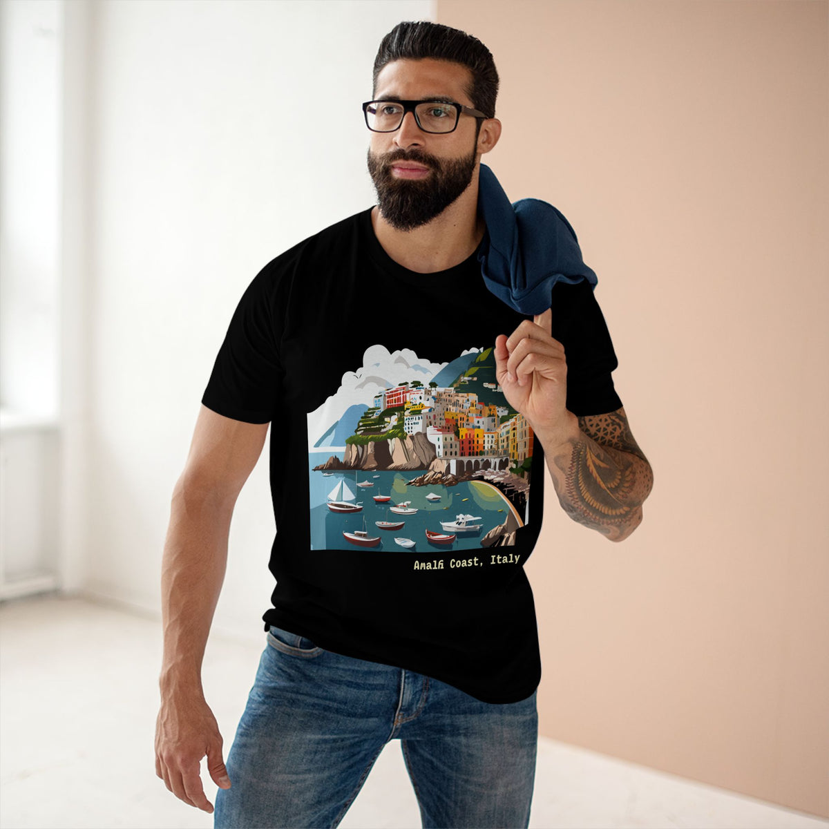 Amalfi Coast Italy Illustration T-Shirt | Coastal Village Beach Scene