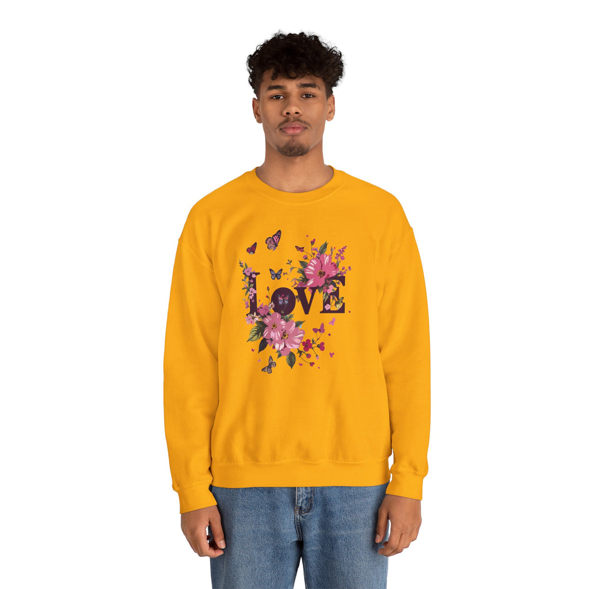 Unisex Floral Love Sweatshirt, Love Floral Sweatshirt, Floral Butterfly Sweatshirt, 50/50 Cotton-Poly Valentine's Day Sweatshirt 05