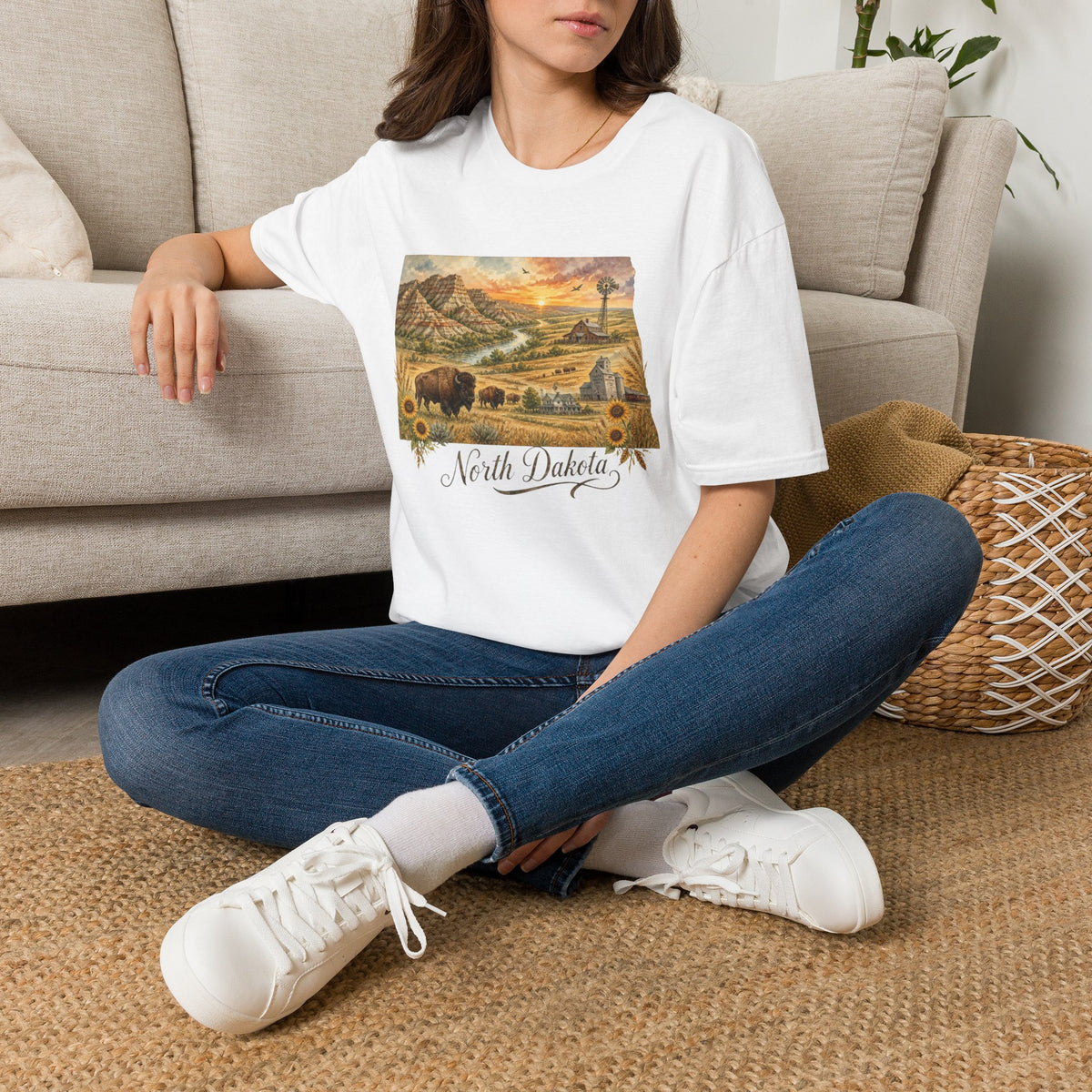 North Dakota State Travel Tourist Graphic Design Unisex 100 Cotton Gildan T-Shirt