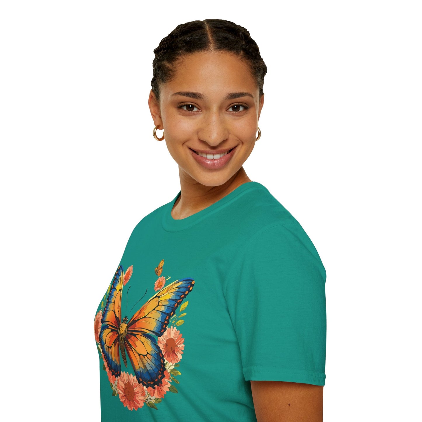 Butterfly T Shirt Unisex Softstyle Gildan 64000 Monarch Print 100 Percent Ring Spun Cotton