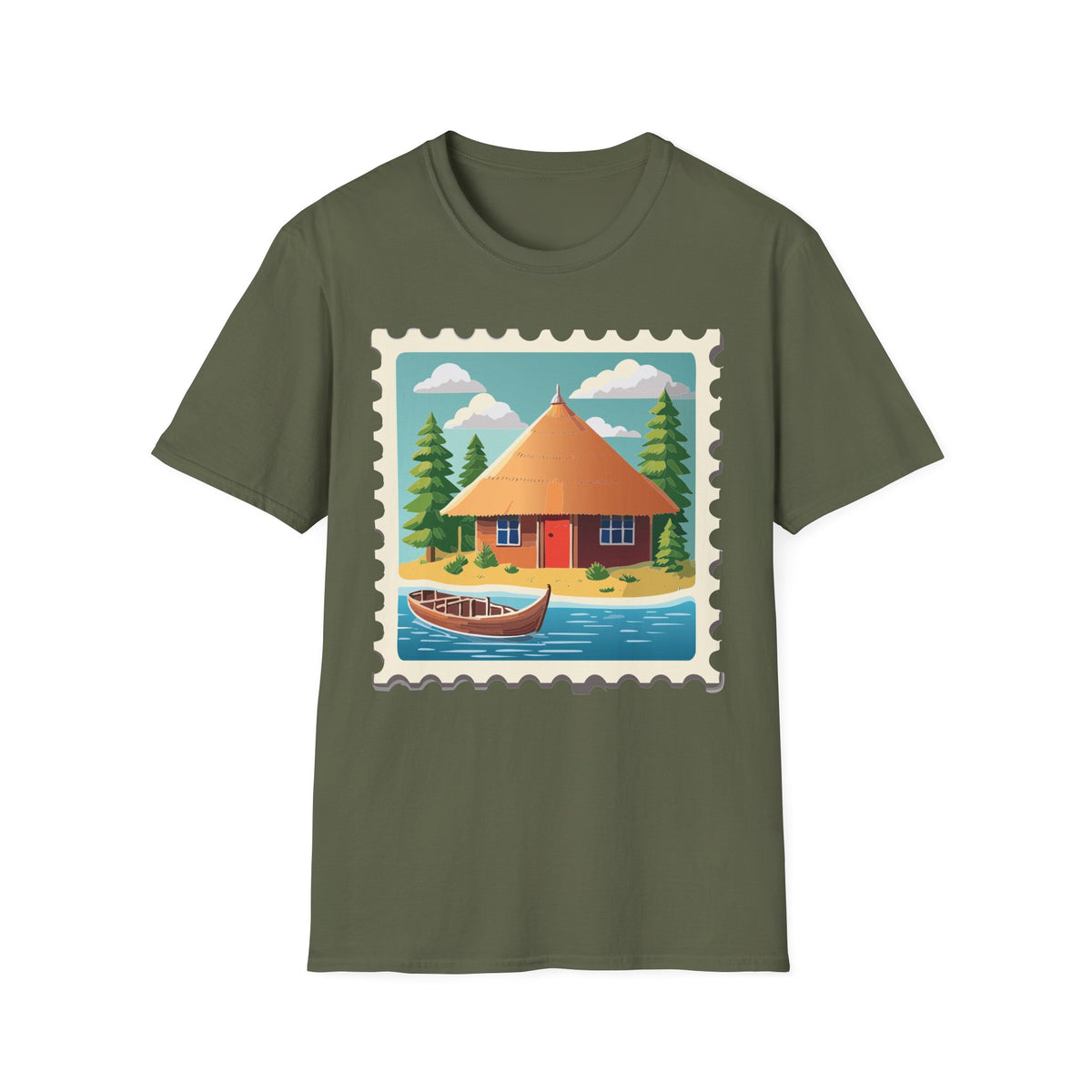 Cozy Lakeside Cottage Illustration T-Shirt | Retro Stamp Artwork