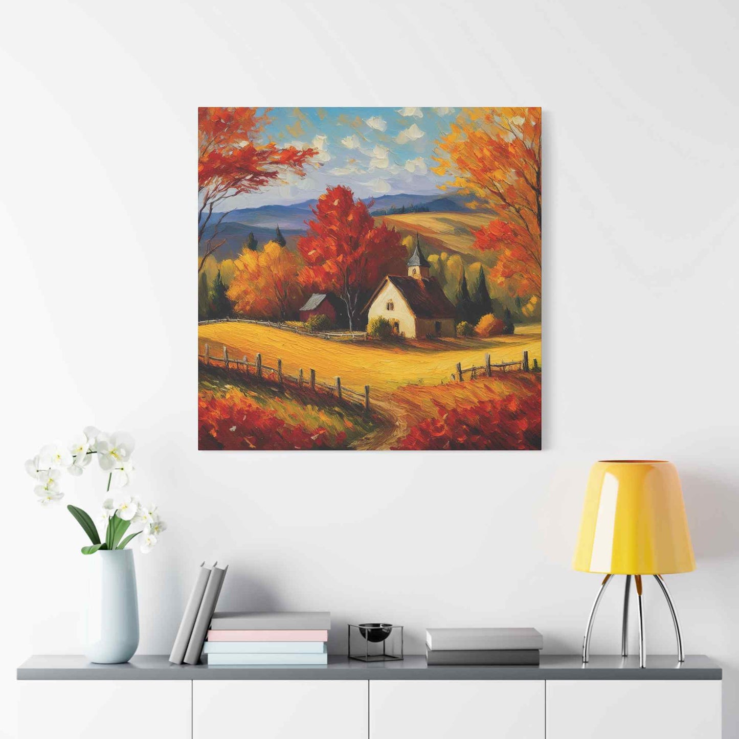 Countryside Fall Print Canvas, Oil Paint Print 20x20, 24x24, 30x30, 32x32, 36x36 Art Design Pine-Wood Inner Frame MC-106