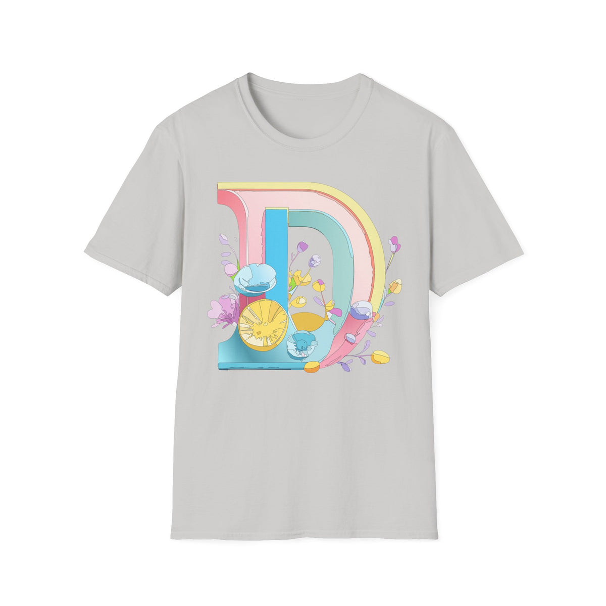 Retro Rainbow Letter D T-Shirt | Floral Lemon Initial Graphic