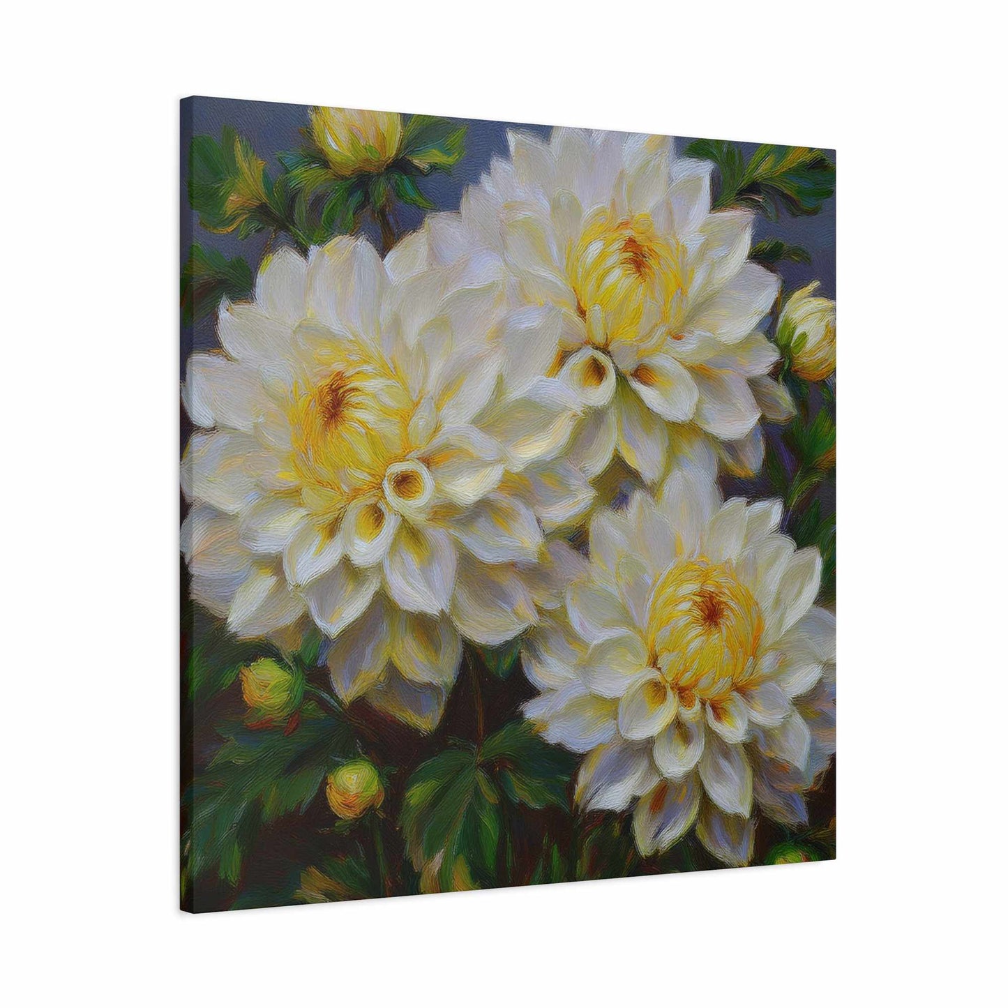 White Dahlias Print Canvas, Floral Oil Paint Print 20x20, 24x24, 30x30, 32x32, 36x36 Art Design Pine-Wood Inner Frame MC-168