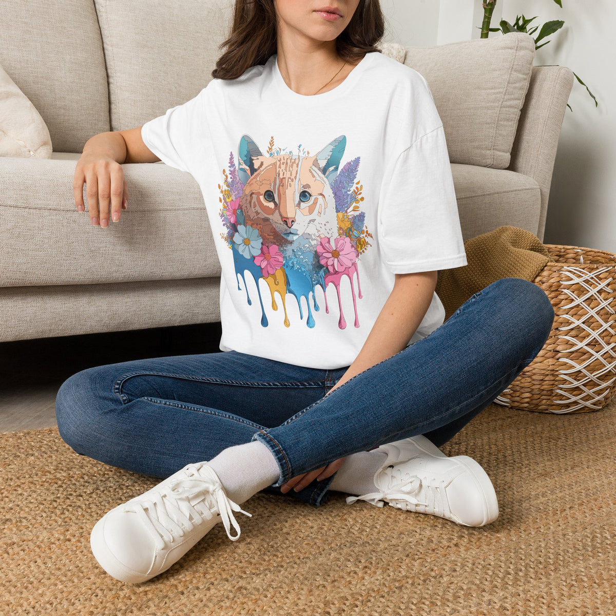 Watercolor Cat Face T-Shirt | Floral Drip Art, Colorful Kitty Tee