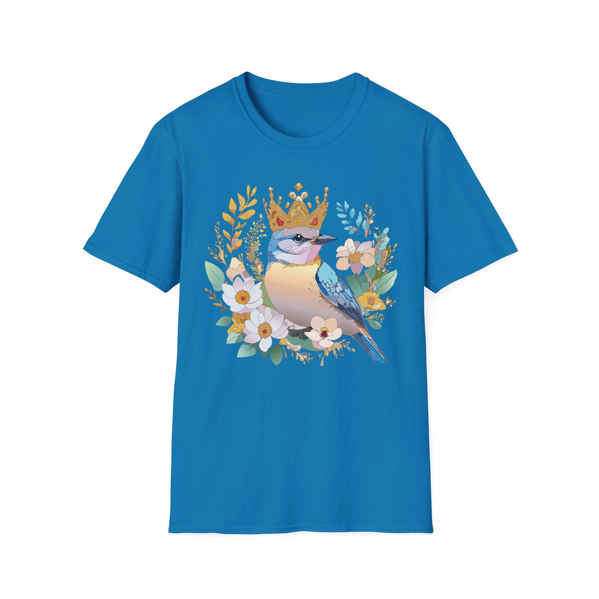 Crowned Bluebird Illustration T-Shirt | Floral Bird Crown Design