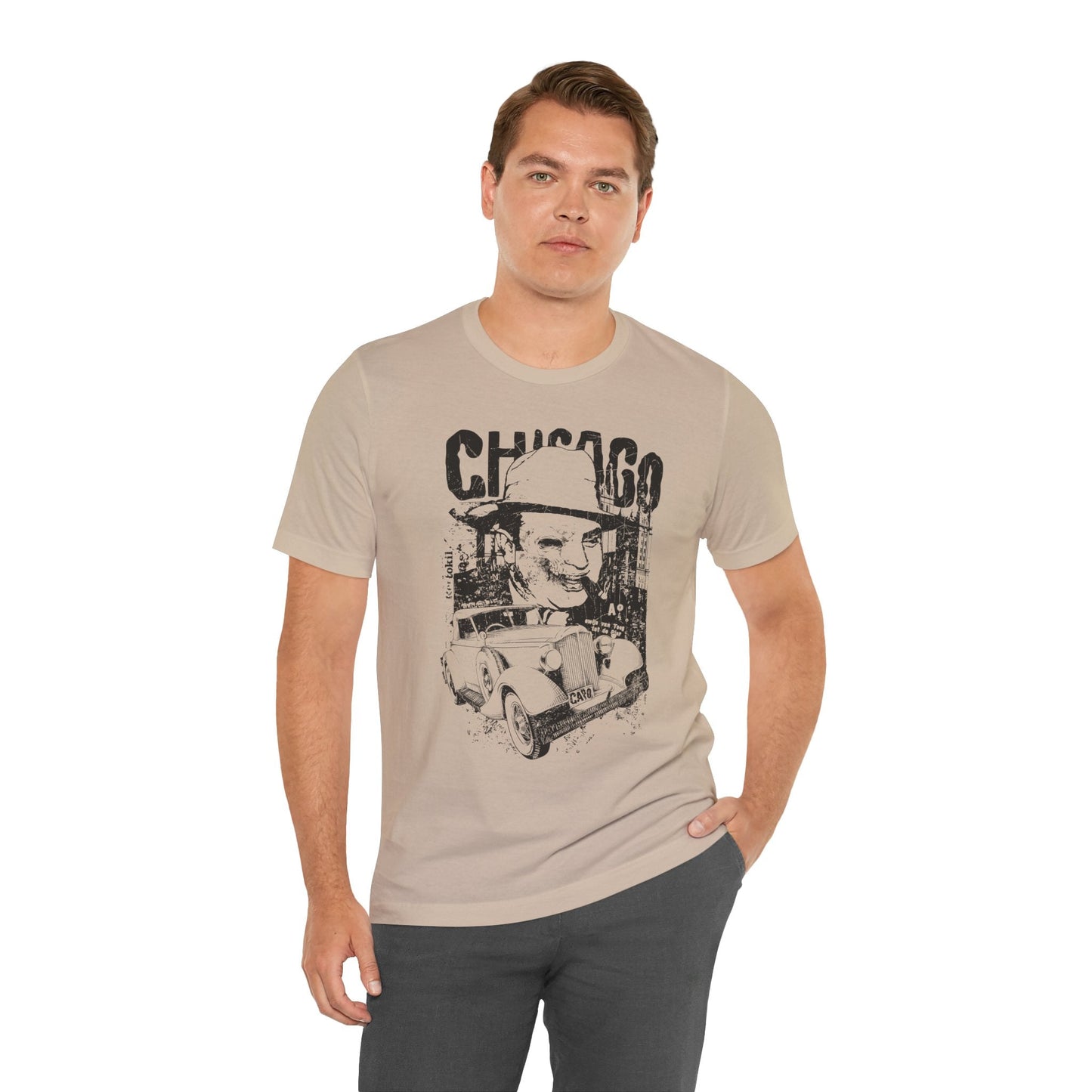 Chicago Retro Mobster Illustration Tee Vintage Car Cityscape Art Design T-Shirt A-8