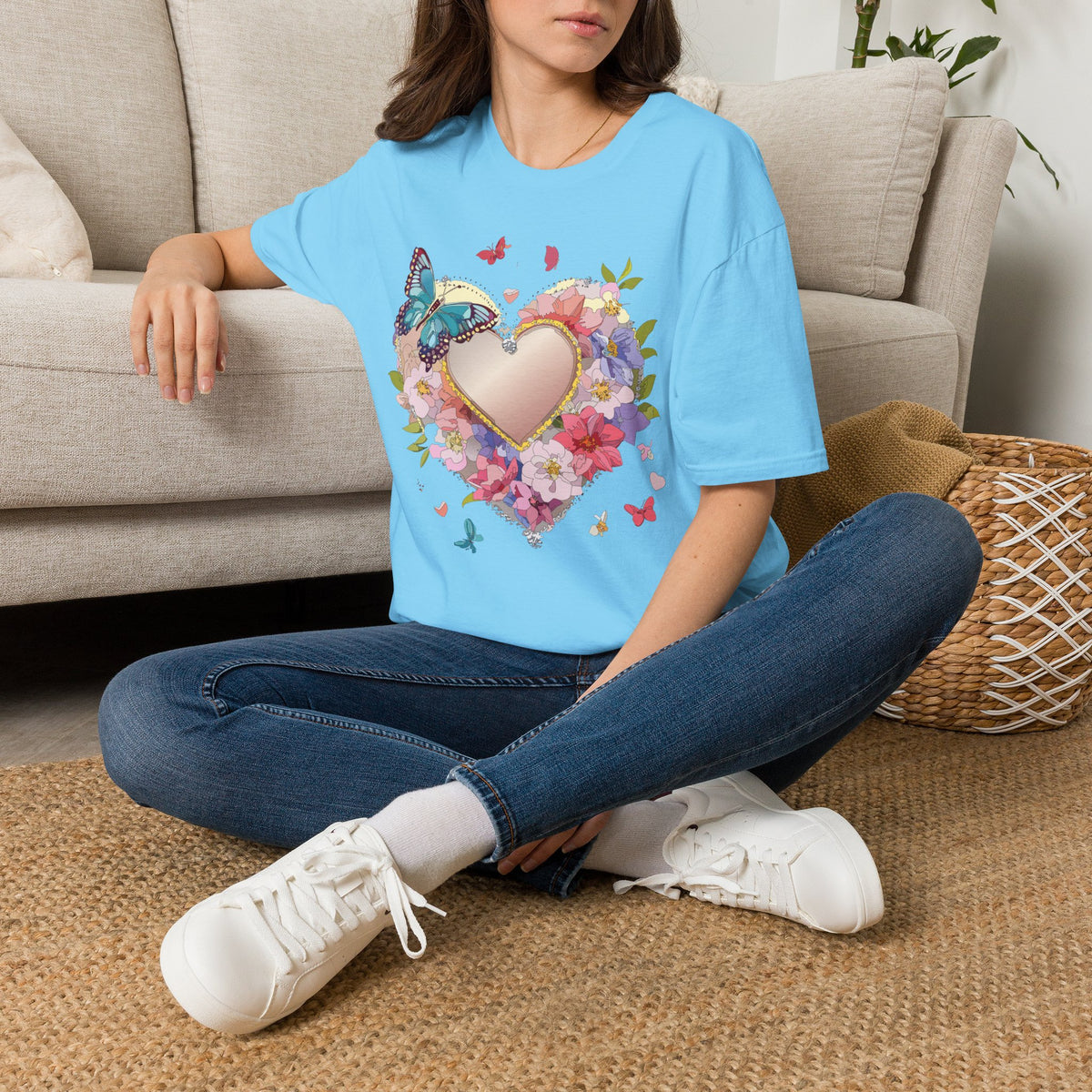 Butterfly Floral Heart Pink Gold Heart with Flowers and Butterflies Graphic Design Unisex 100 Cotton Gildan T-Shirt