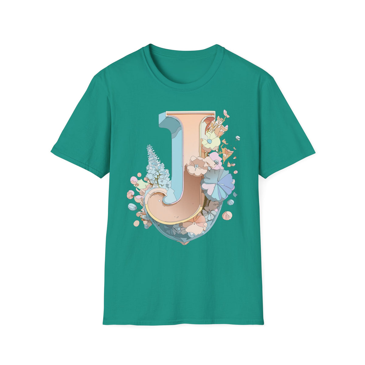 Floral Letter J T-Shirt | Monogram Initial Tee, Pastel Botanical Typography