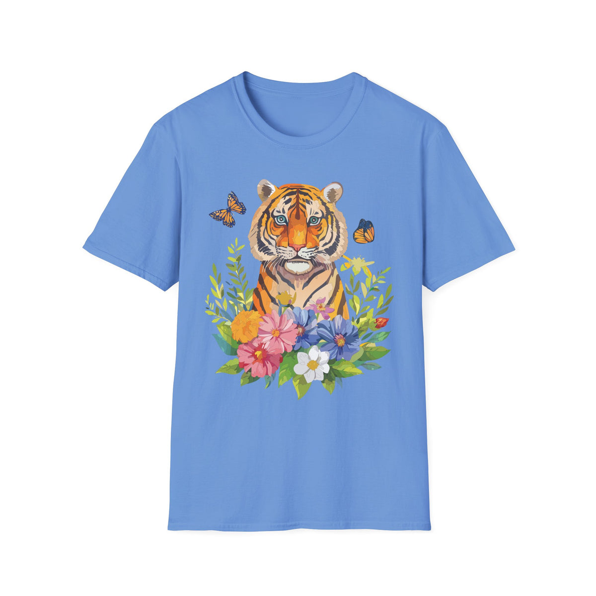 Tiger Portrait T-Shirt | Watercolor Tiger with Butterflies and Floral Accents