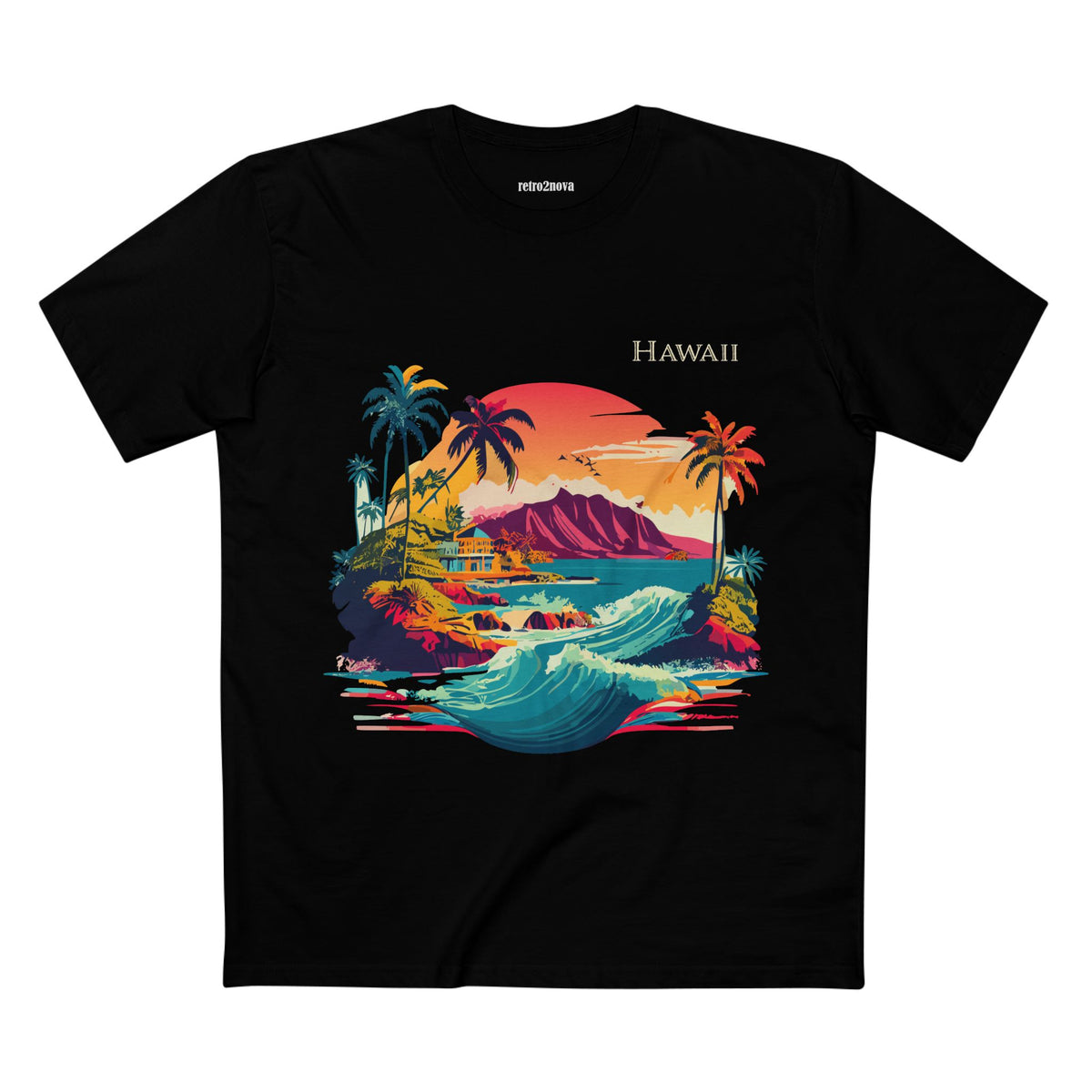 Hawaii Retro Sunset Surf Scene Tee | Palm Trees, Waves, Island Graphic