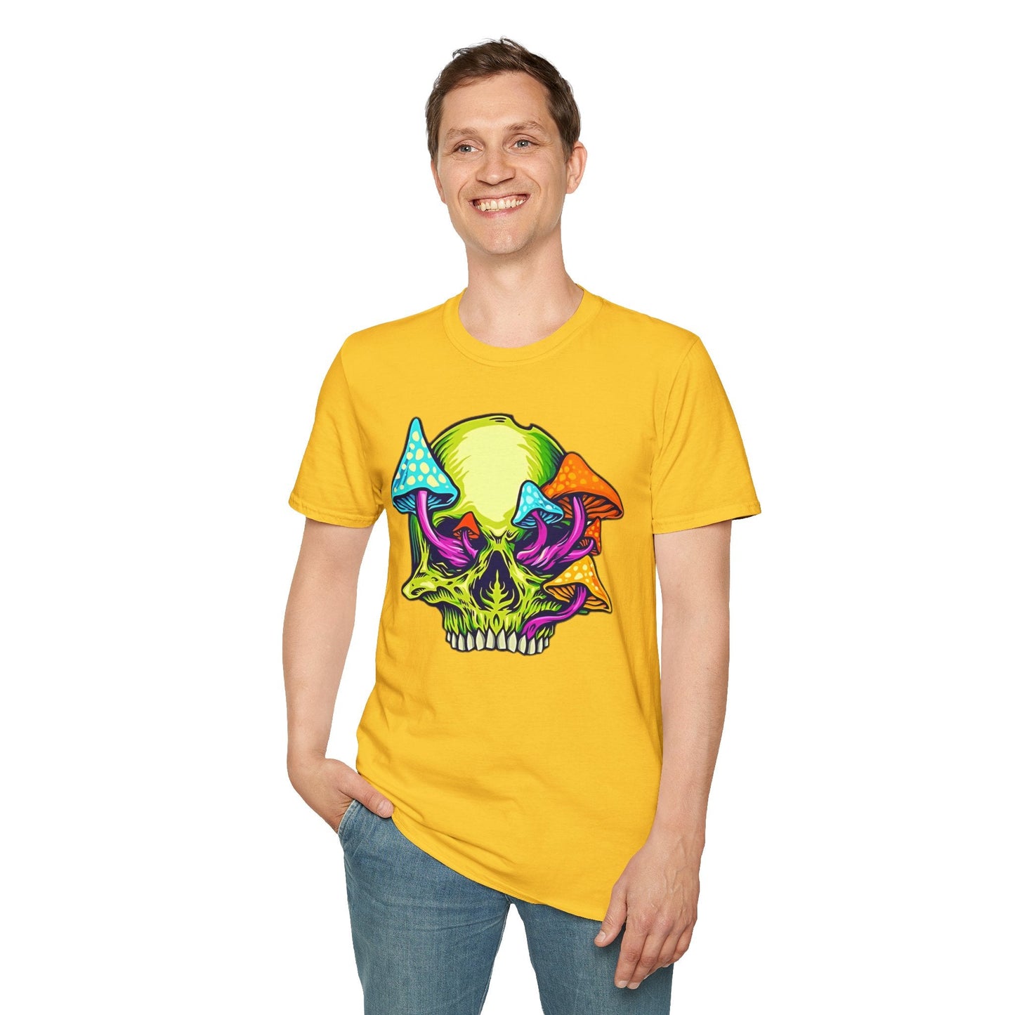 Unisex Skull Tee Shirt With Skeleton Art Design Gildan Softstyle 64000 100 Percent Ring Spun Cotton