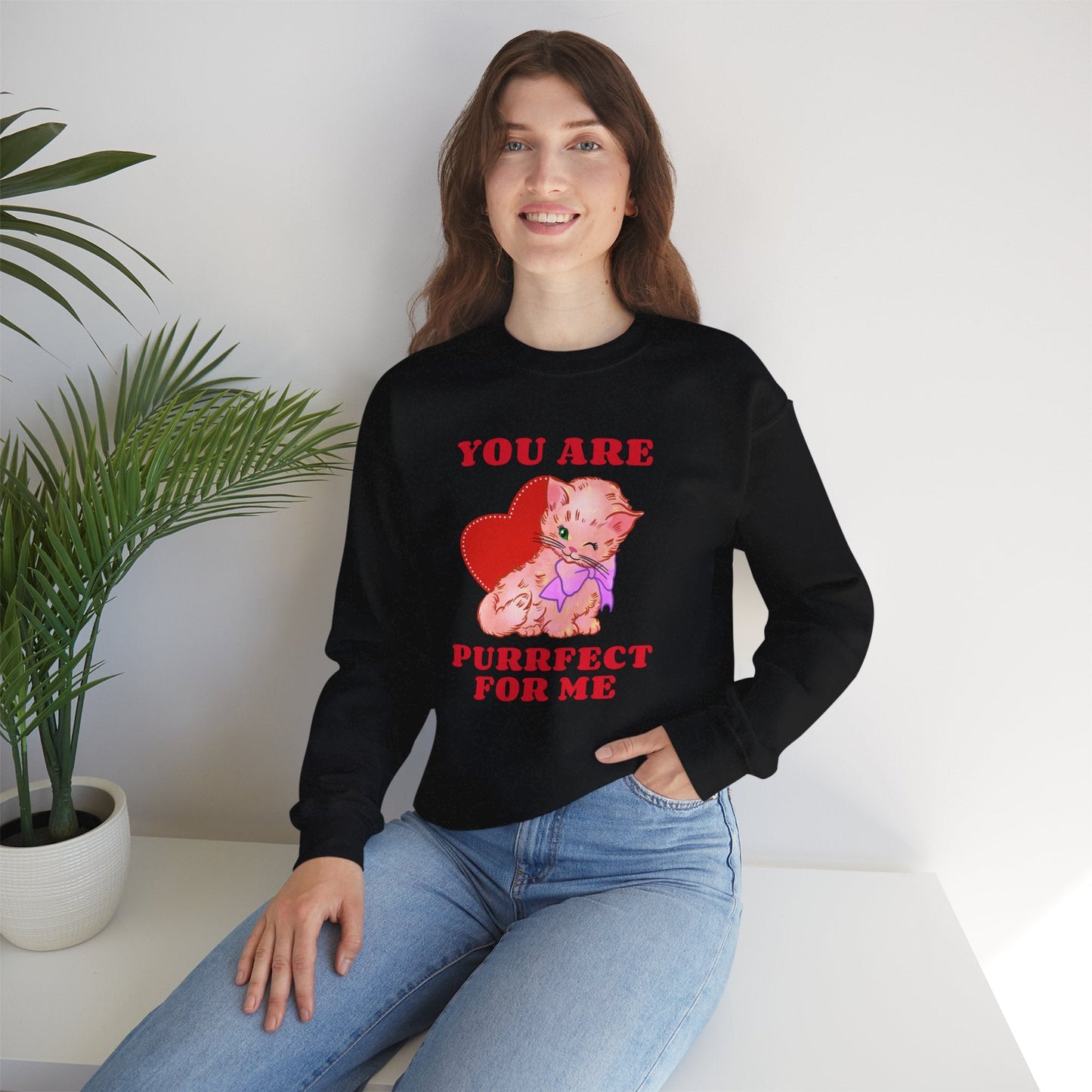 Cat Heart Sweatshirt Unisex Valentines Day Fifty Fifty Cotton Poly Blend Crewneck