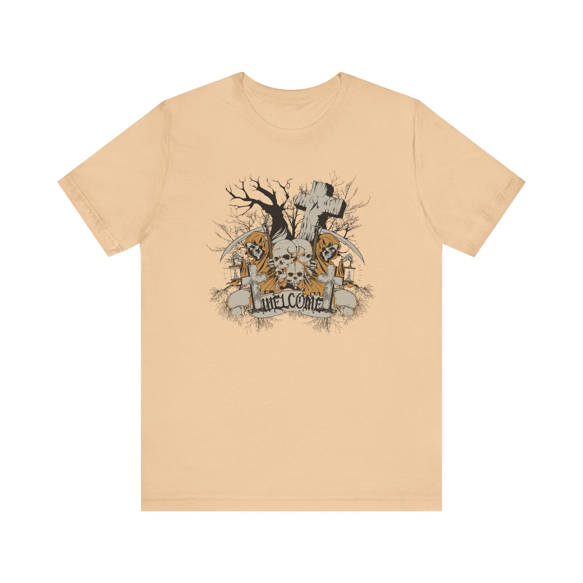 Skull Graveyard Welcome Tee Halloween Haunted Tree Cross Tombstone Unisex Cotton Art-50