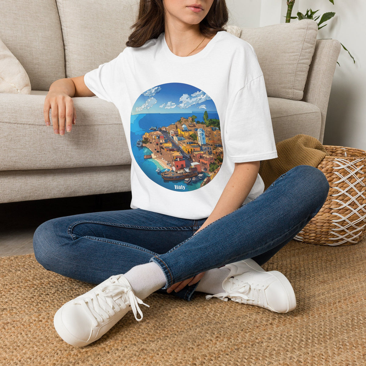 Italy Mediterranean Coastal Village Illustration T-Shirt | Seaside Landscape Tee