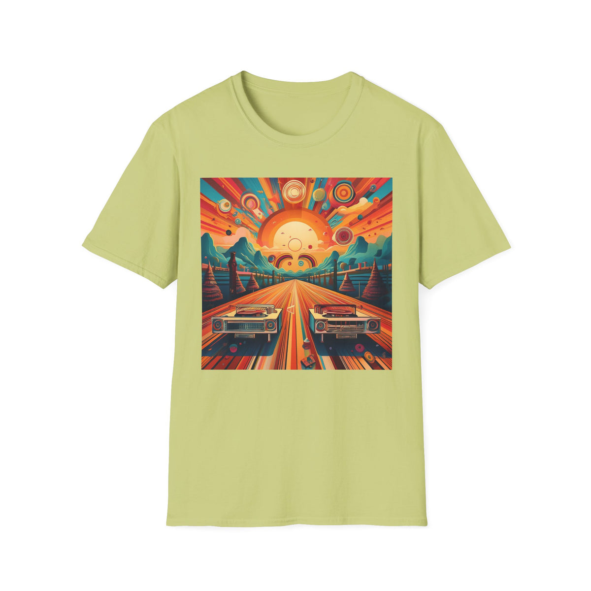 Retro Sunburst Road Trip Graphic Posters, Post Stamps Design Unisex 100 Cotton Gildan T-Shirt
