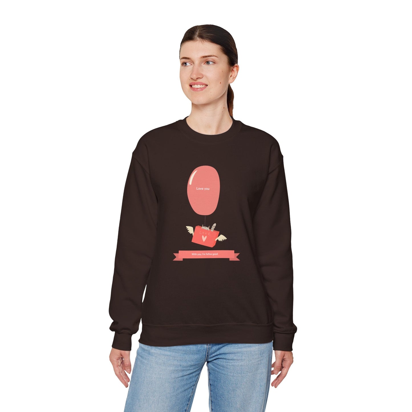 Cat Love Balloon Sweatshirt Unisex Fifty Fifty Cotton Poly Valentine Heavy Blend Crewneck Sweatshirt