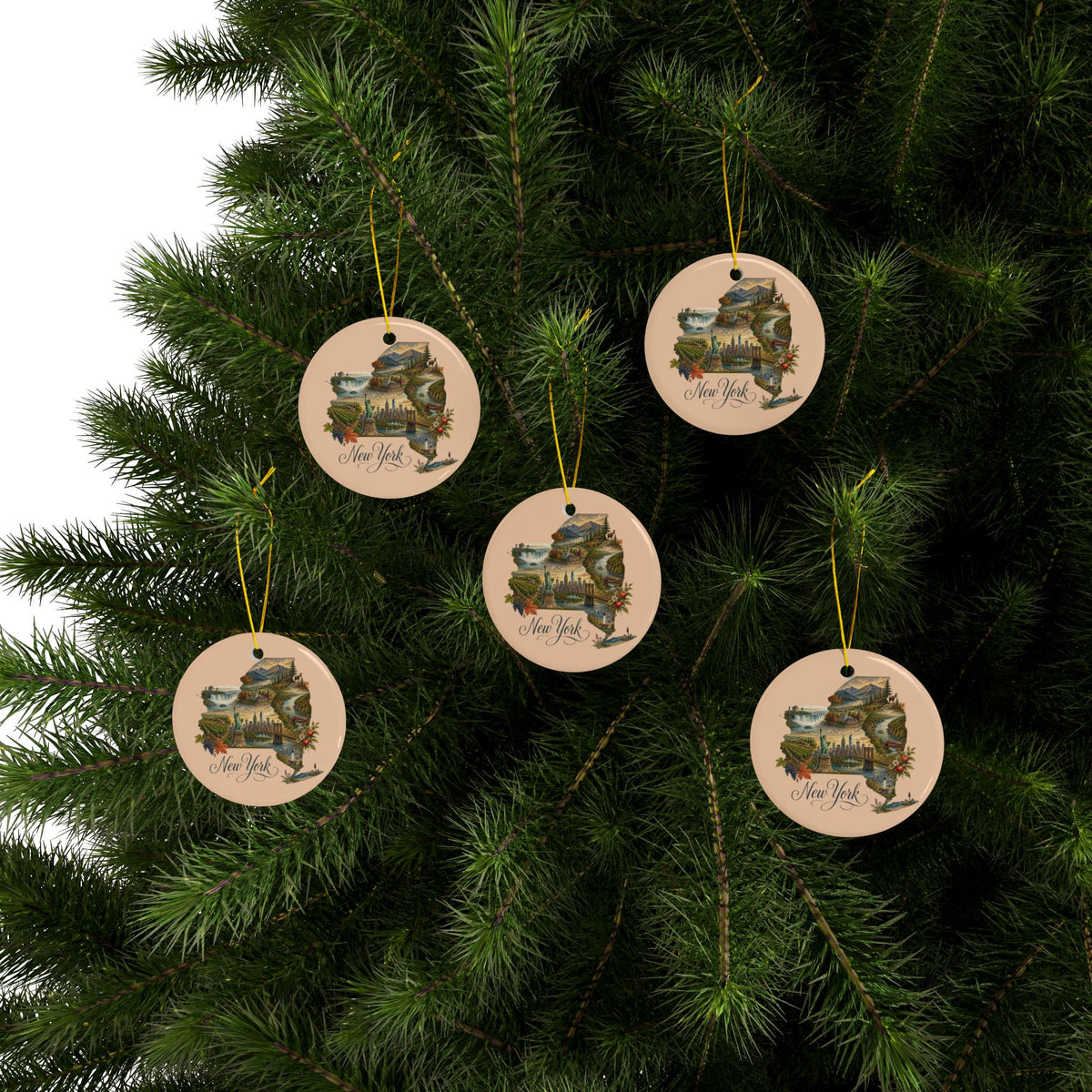 New York State Map Ornament | Ceramic Ornament - 2.99" includes gold string