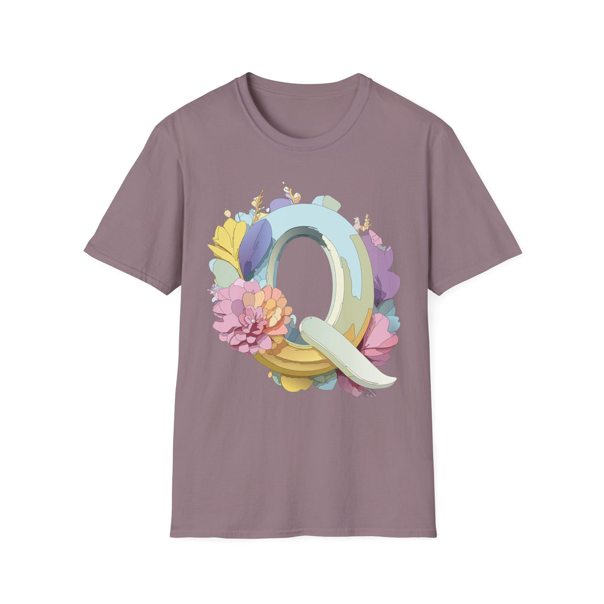 Floral Letter Q T-Shirt | Pastel Monogram Tee, Botanical Initial Shirt