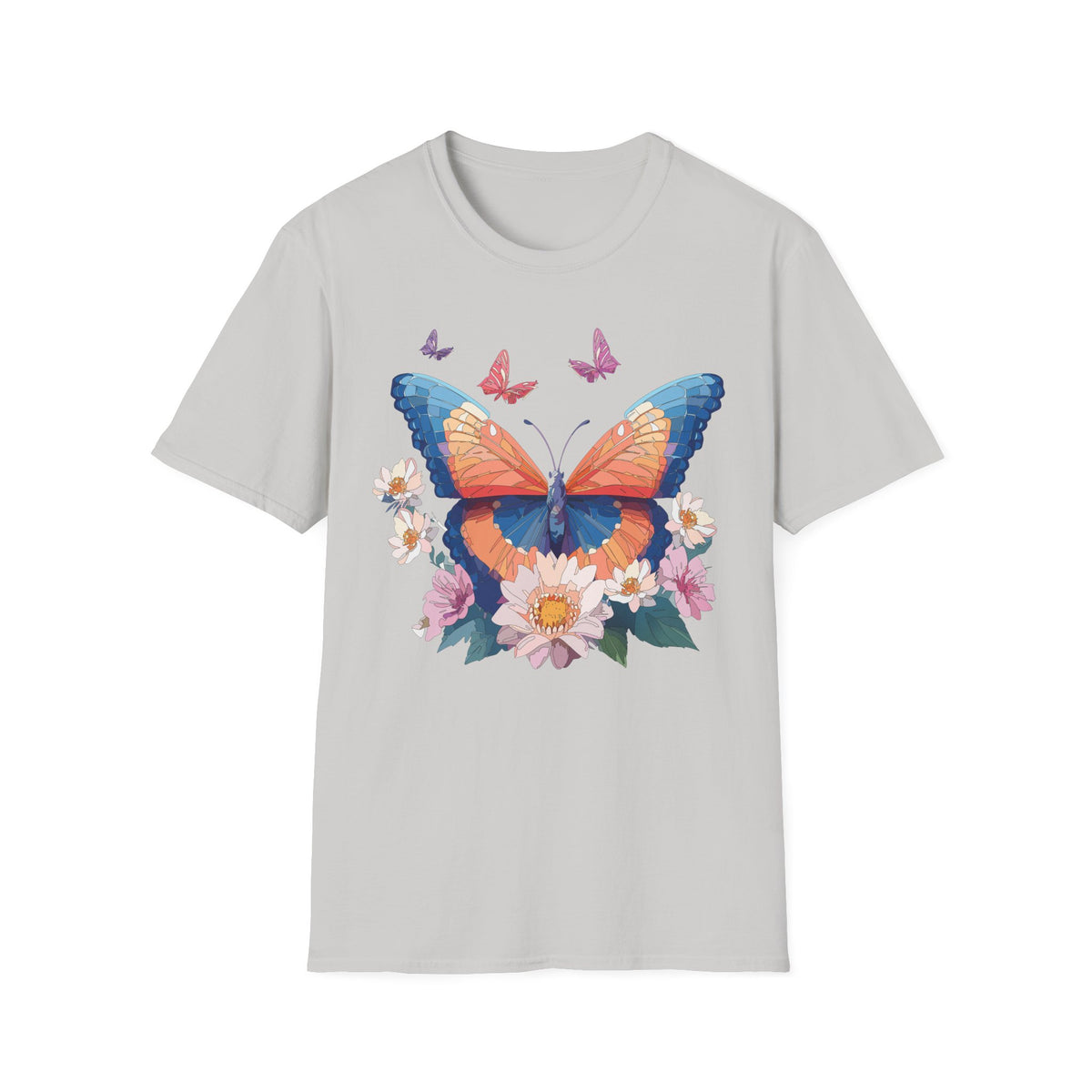 Butterfly Floral T-Shirt – Vibrant Orange & Blue Butterfly with Flowers Graphic Tee Unisex 100 Cotton Gildan T-Shirt