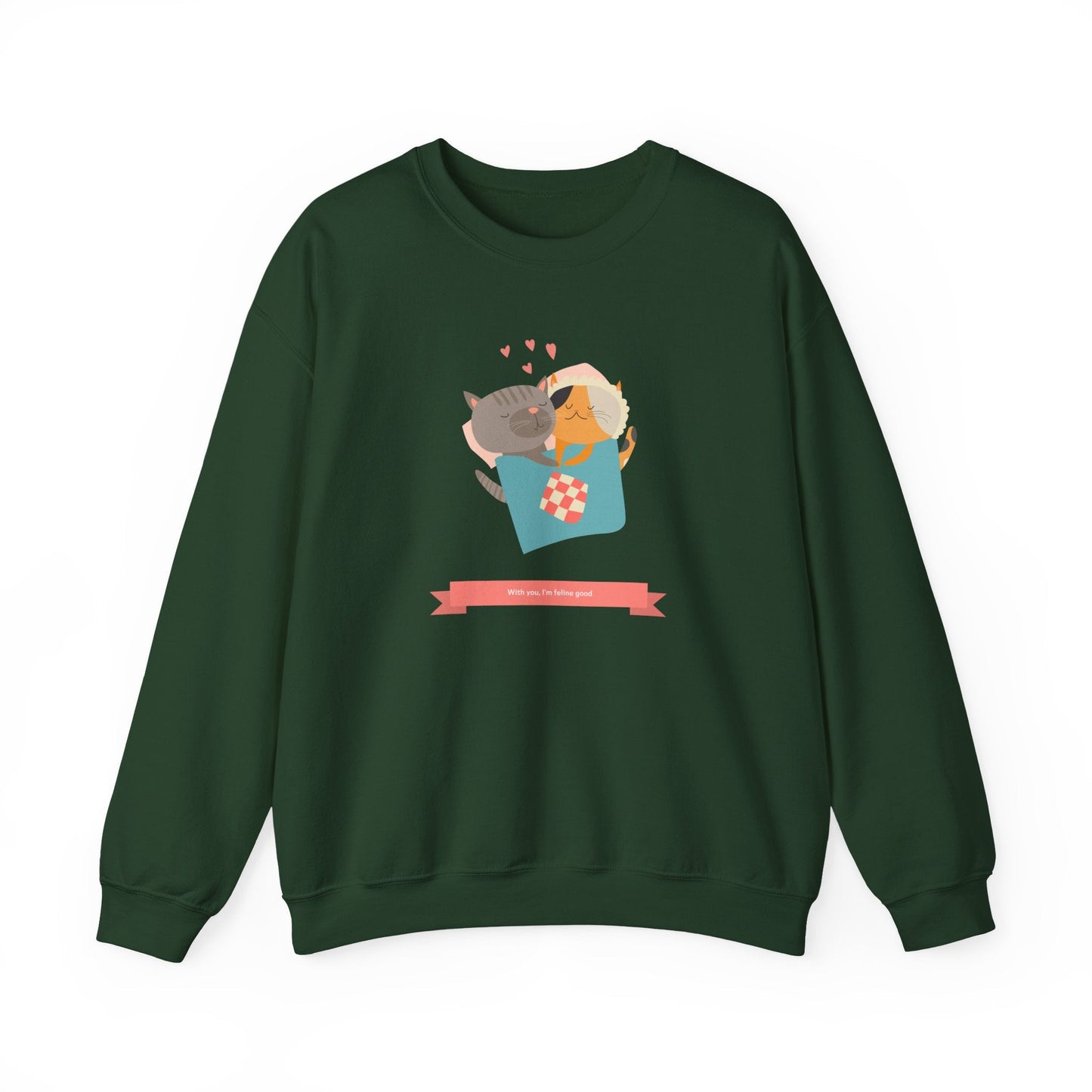 Cat Heart Sweatshirt Unisex Valentines Day 50 50 Cotton Poly Crewneck Gildan 18000