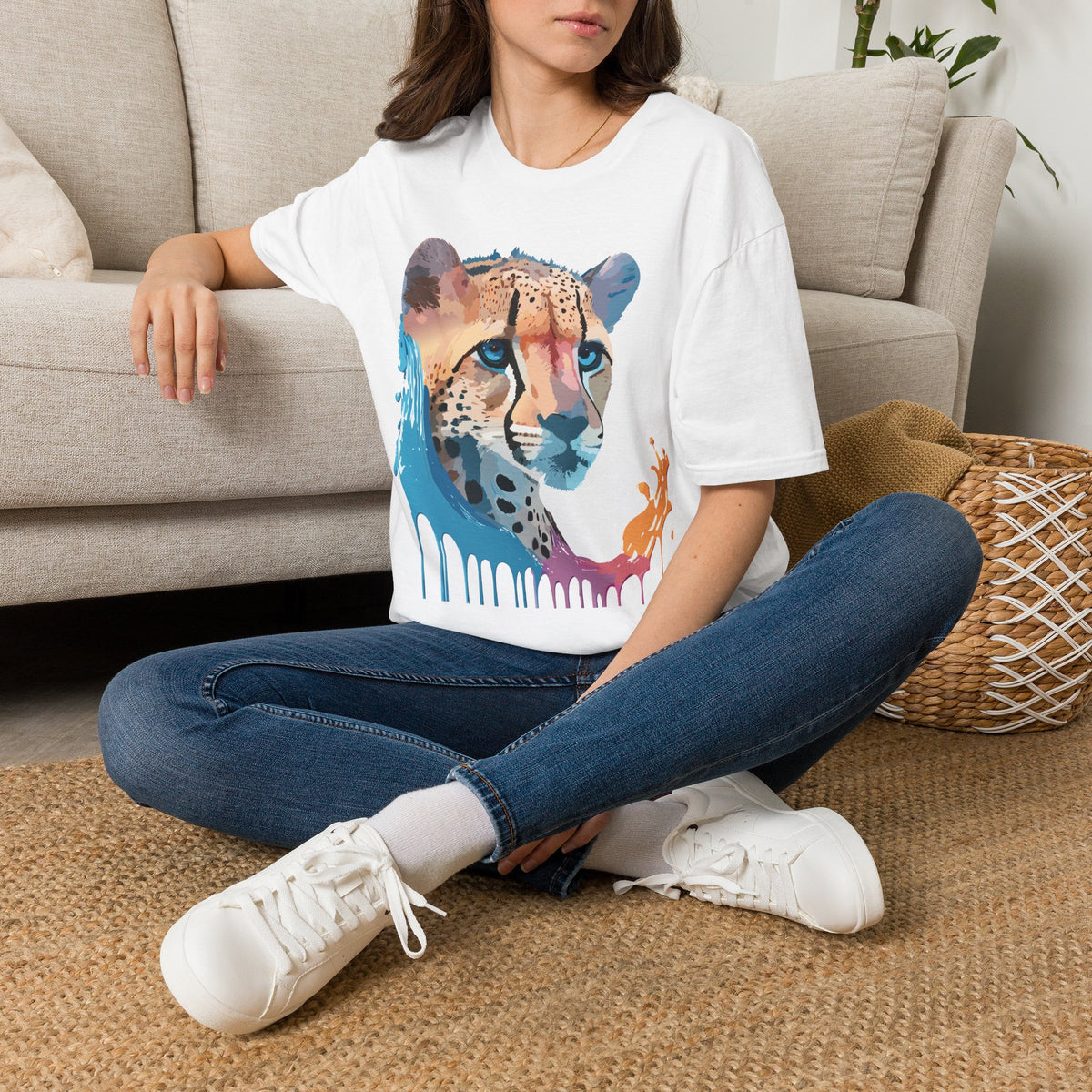 Watercolor Cheetah Portrait T-Shirt | Drip Paint Animal Tee