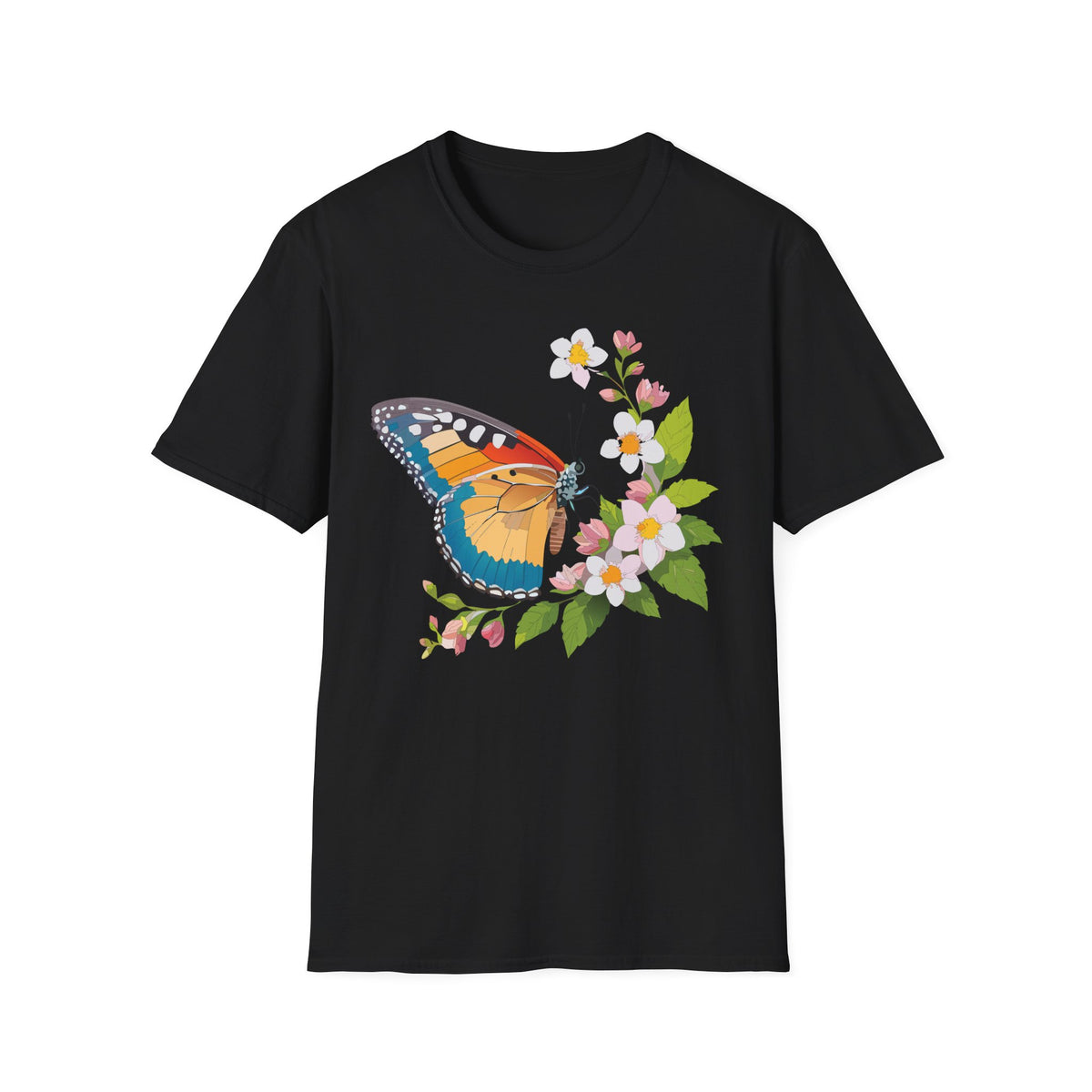 Butterfly Floral T-Shirt — Colorful Monarch with Blossoms Graphic Design Unisex 100 Cotton Gildan T-Shirt