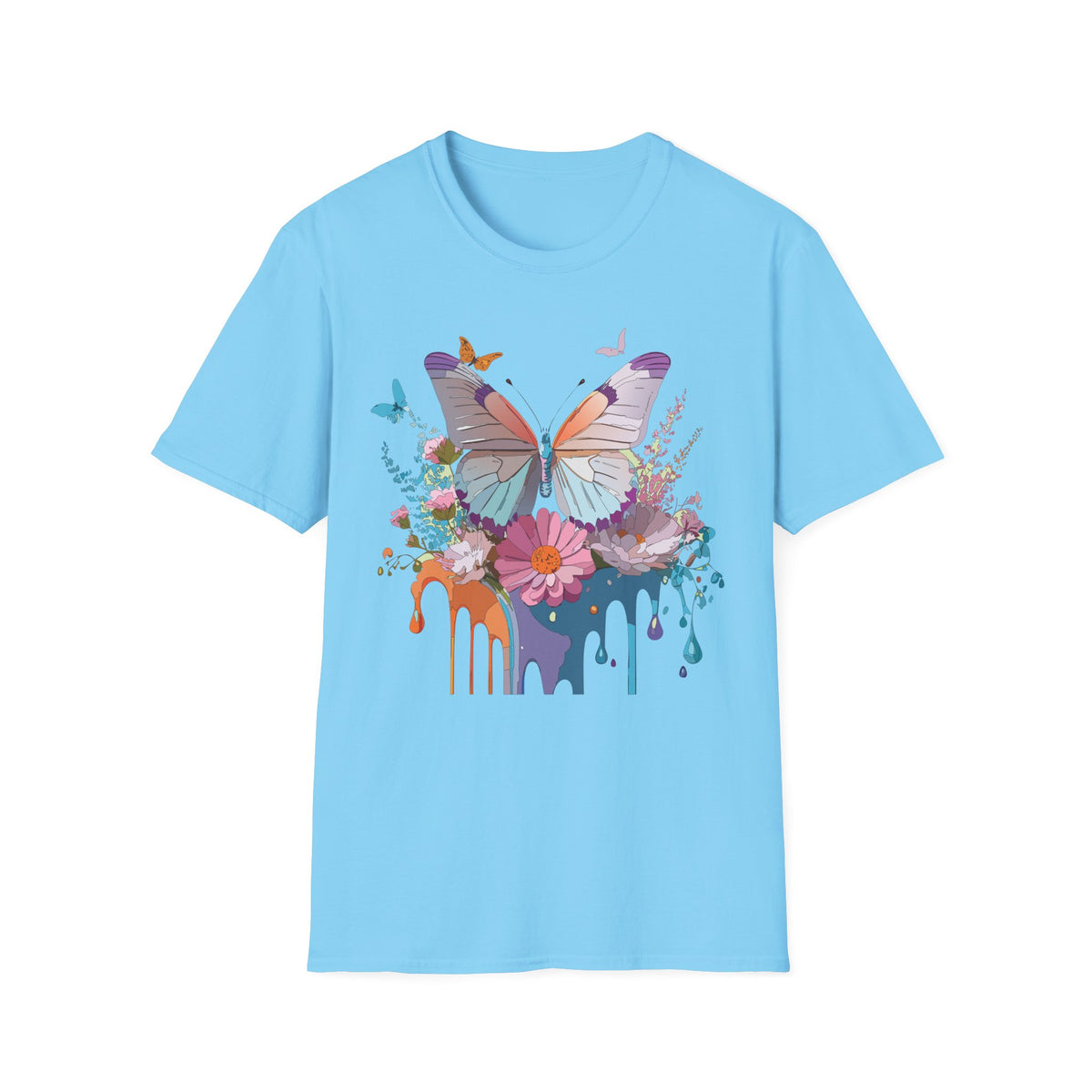 Butterfly Floral T-Shirt — Colorful Drip Art Garden Graphic Design Unisex 100 Cotton Gildan T-Shirt
