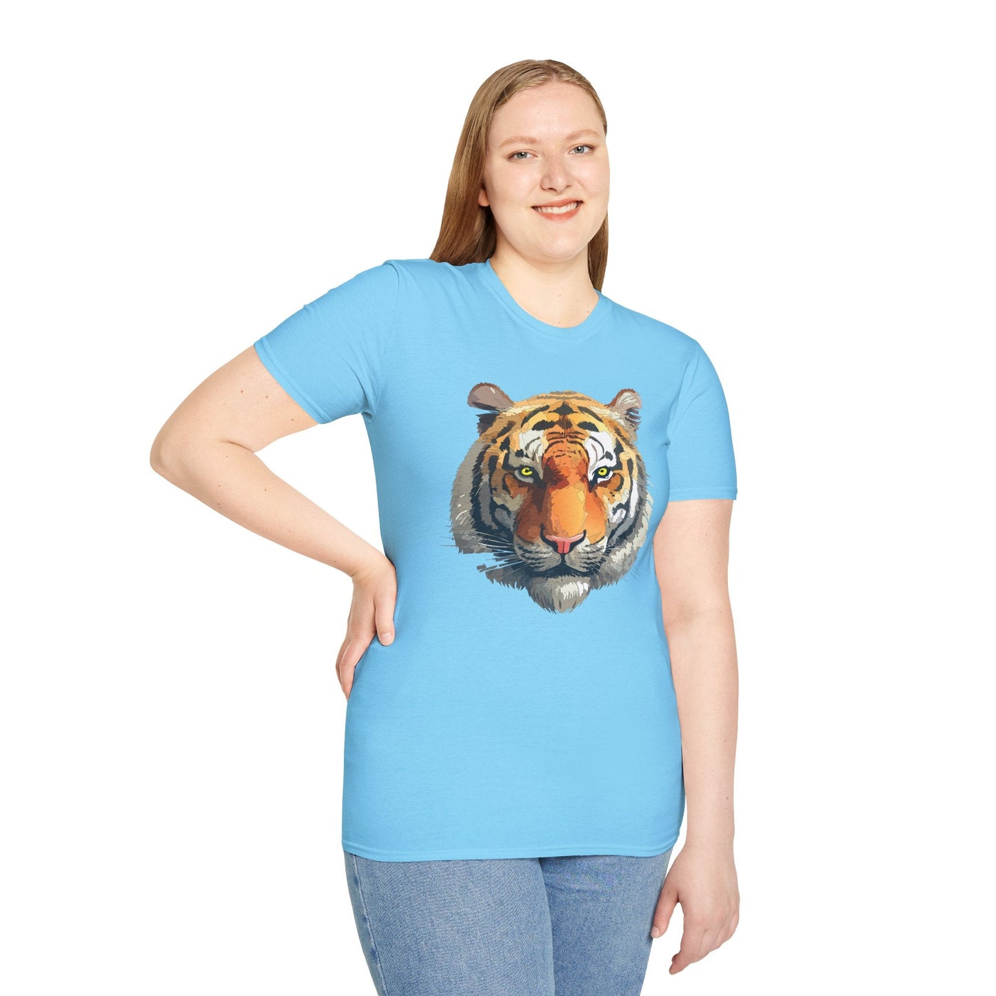 Tiger Print T Shirt Unisex Animal Tee 100 Percent Cotton Softstyle Gildan 64000