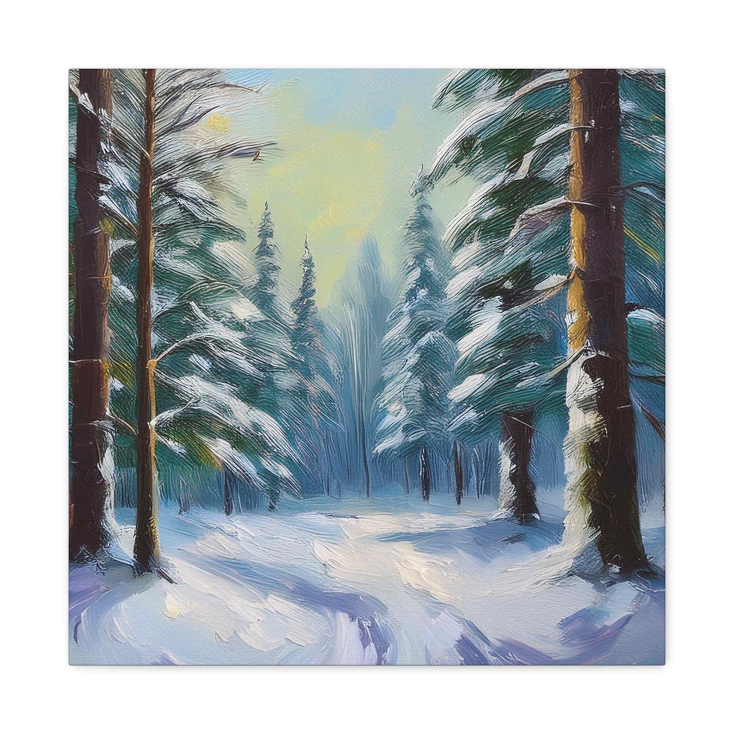 Snow Forest Print Canvas, Oil Paint Print 20x20, 24x24, 30x30, 32x32, 36x36 Art Design Print Pine-Wood Inner Frame MC-77