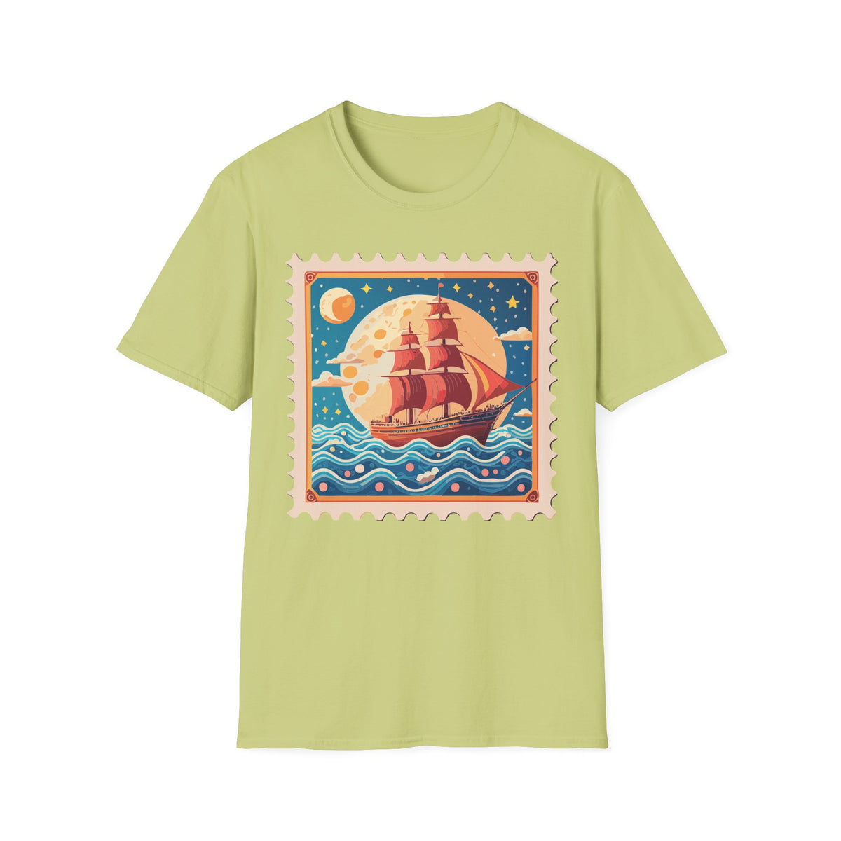 Vintage Sailing Ship Stamp T-Shirt | Retro Moon Ocean Illustration