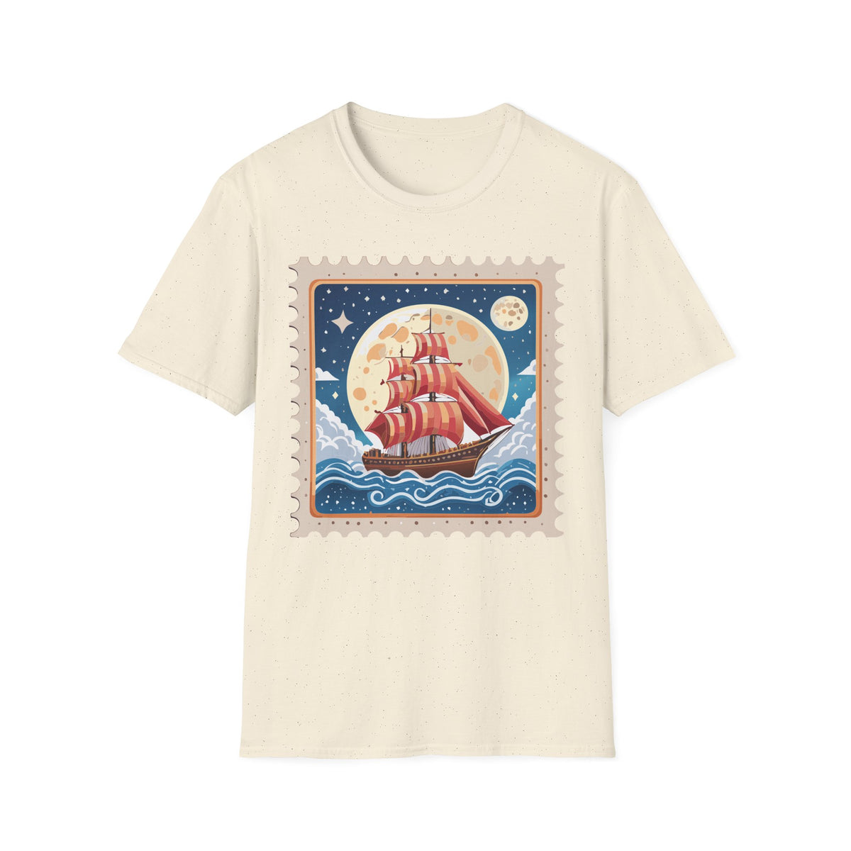 Red Sail Ship Moon Stamp T-Shirt | Nautical Vintage Illustration