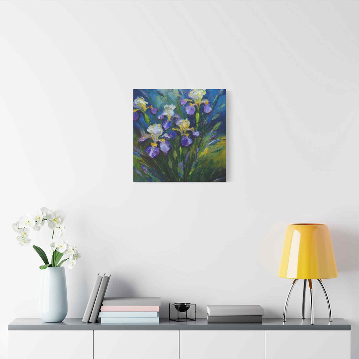 Irises Floral Print Canvas, Floral Oil Paint Print 20x20, 24x24, 30x30, 32x32, 36x36 Art Design Pine-Wood Inner Frame MC-185