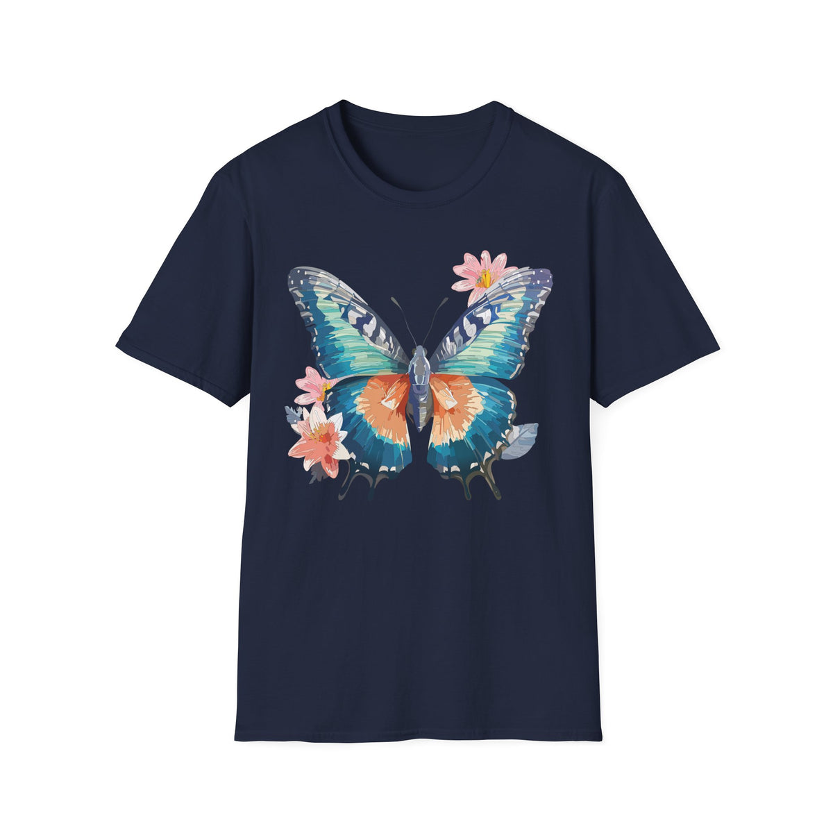 Butterfly Watercolor T-Shirt — Floral Blue Orange Butterfly Graphic Tee Unisex 100 Cotton Gildan T-Shirt