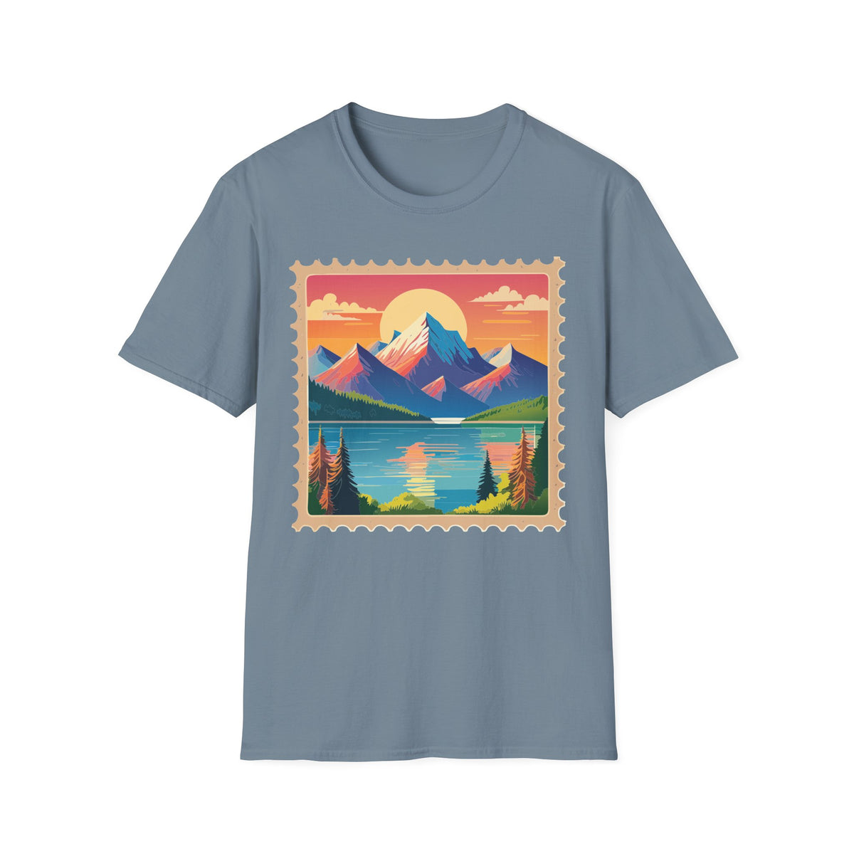 Vintage Mountain Sunset postage stamp T-Shirt | retro travel landscape
