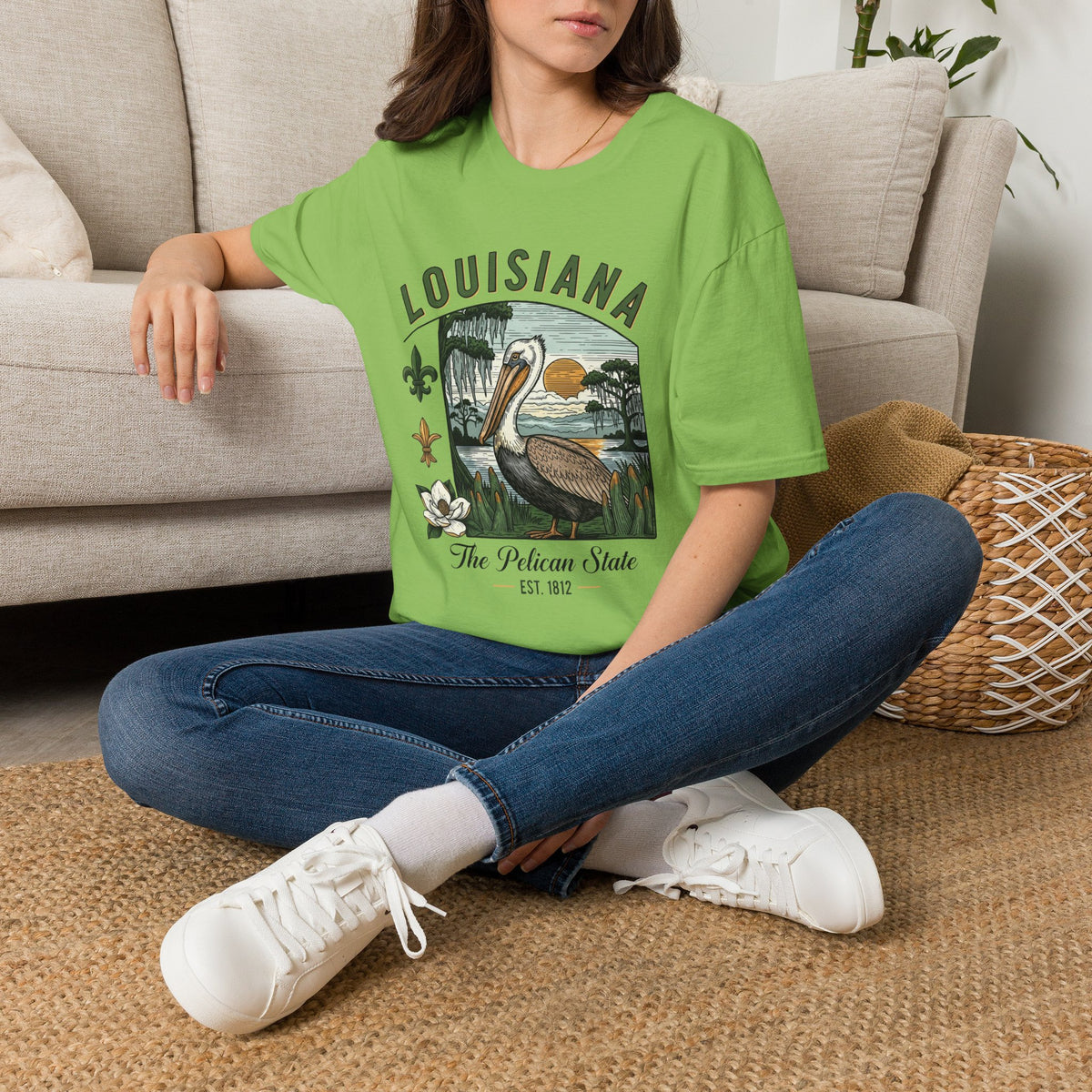 Louisiana Pelican State Graphic T-Shirt — Vintage Bayou Sunset Travel Tourist Graphic Design Unisex 100 Cotton Gildan T-Shirt