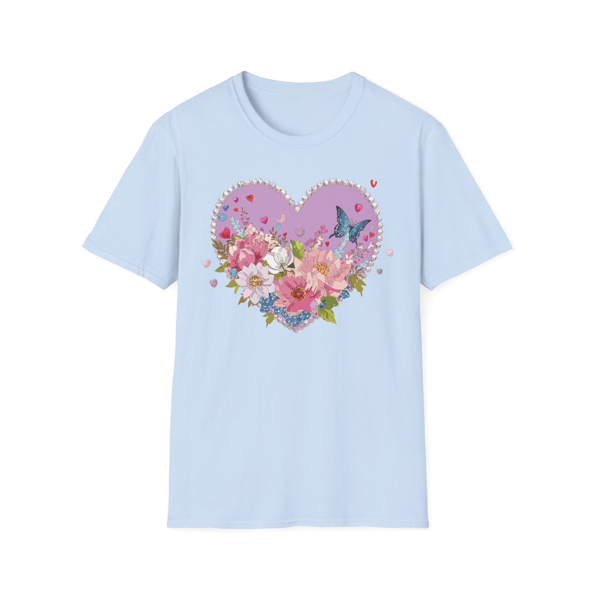 Floral Heart with Butterfly T-Shirt | Pink Flower Bouquet Tee