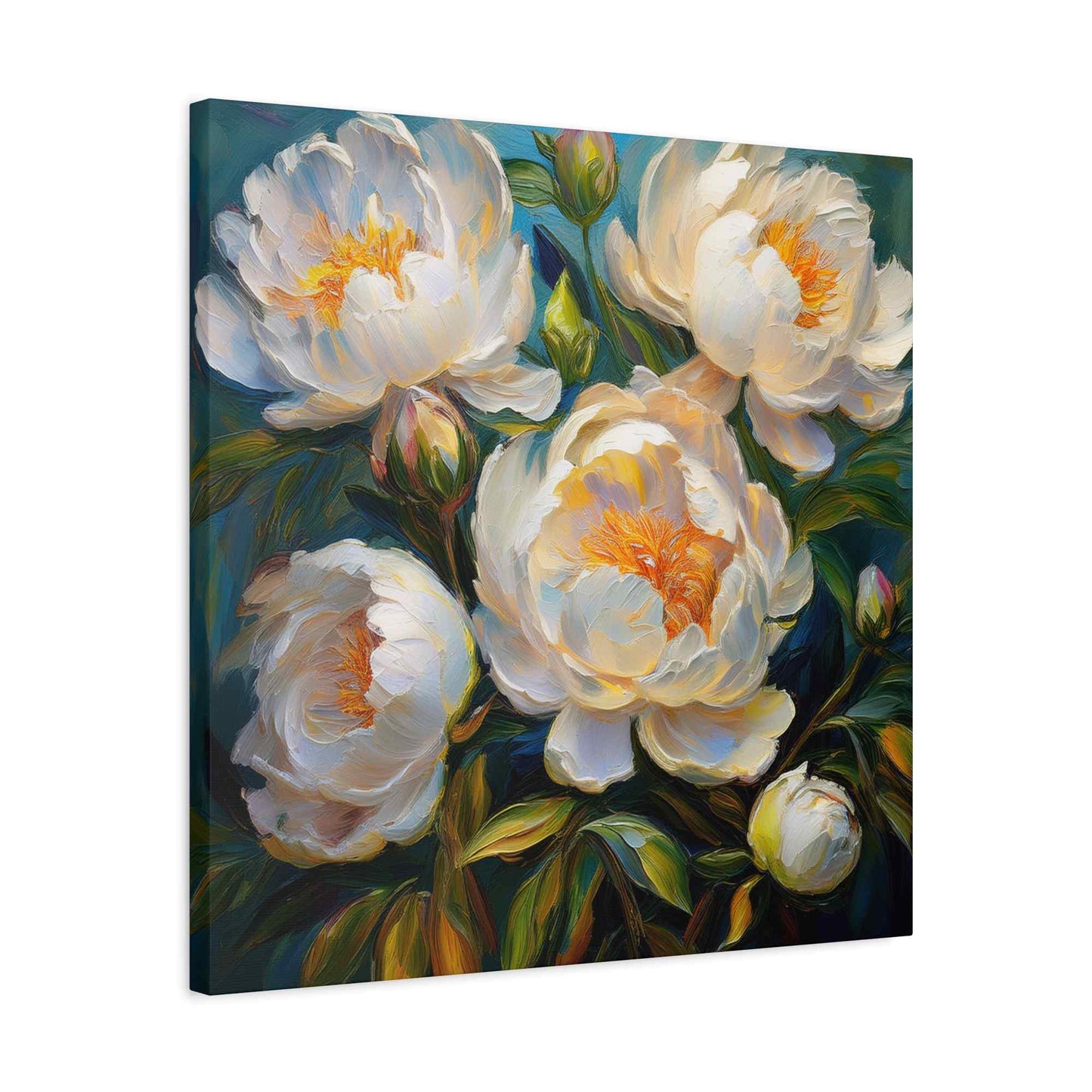 White Peonies Print Canvas, Floral Oil Paint Print 20x20, 24x24, 30x30, 32x32, 36x36 Art Design Pine-Wood Inner Frame MC-118