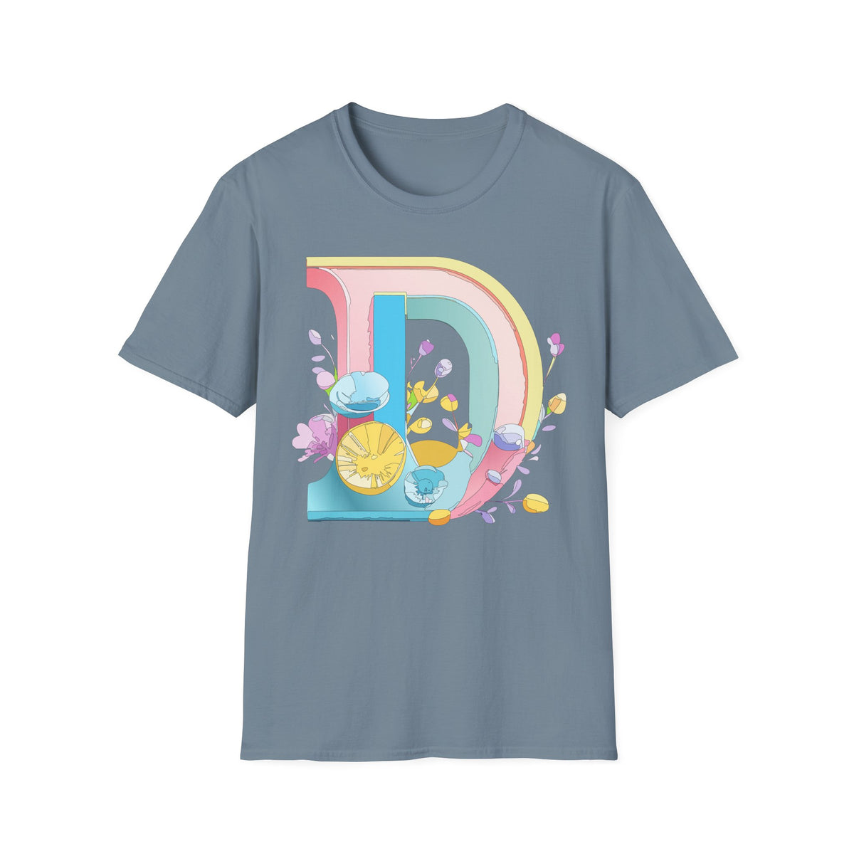 Retro Rainbow Letter D T-Shirt | Floral Lemon Initial Graphic