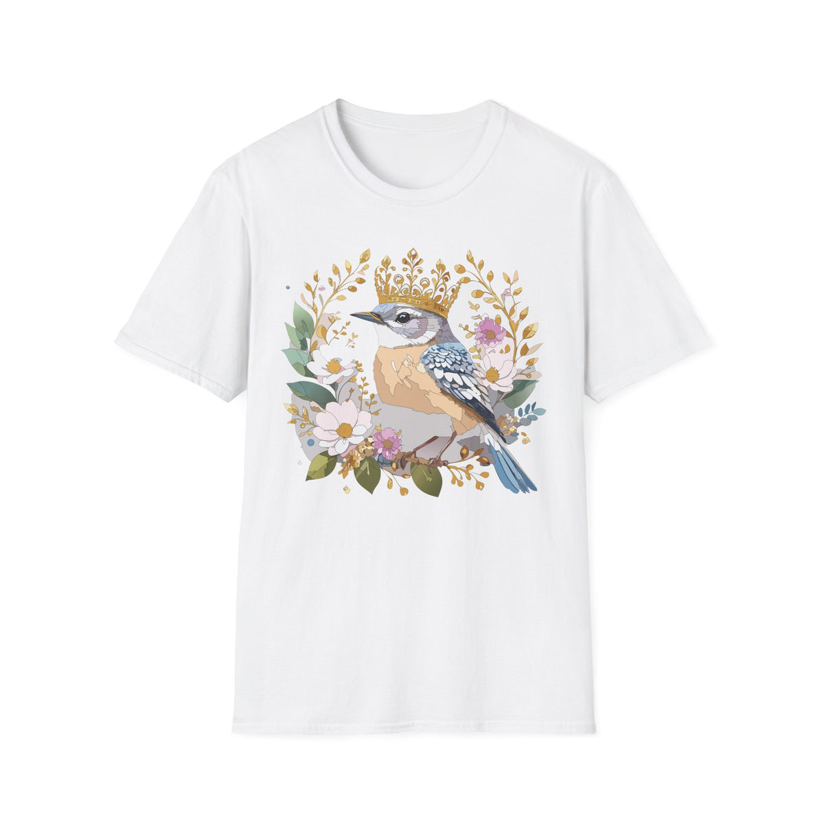Blue Jay with Floral Wreath and Crown T-Shirt | Bird Illustration