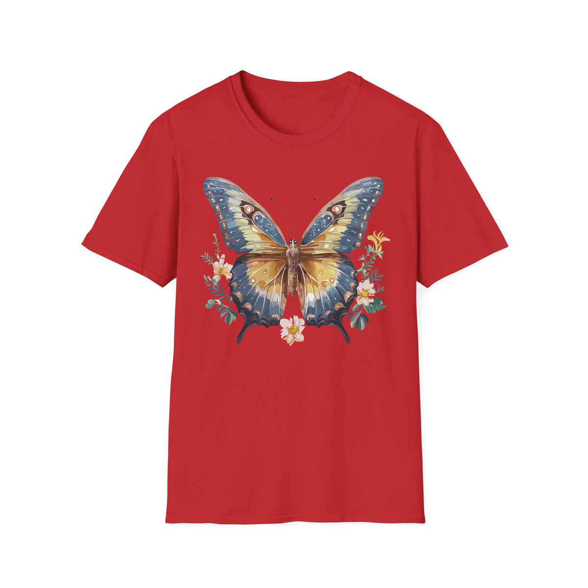 Golden Blue Butterfly T-Shirt | Botanical Accent Graphic Tee Unisex 100 Cotton Gildan T-Shirt