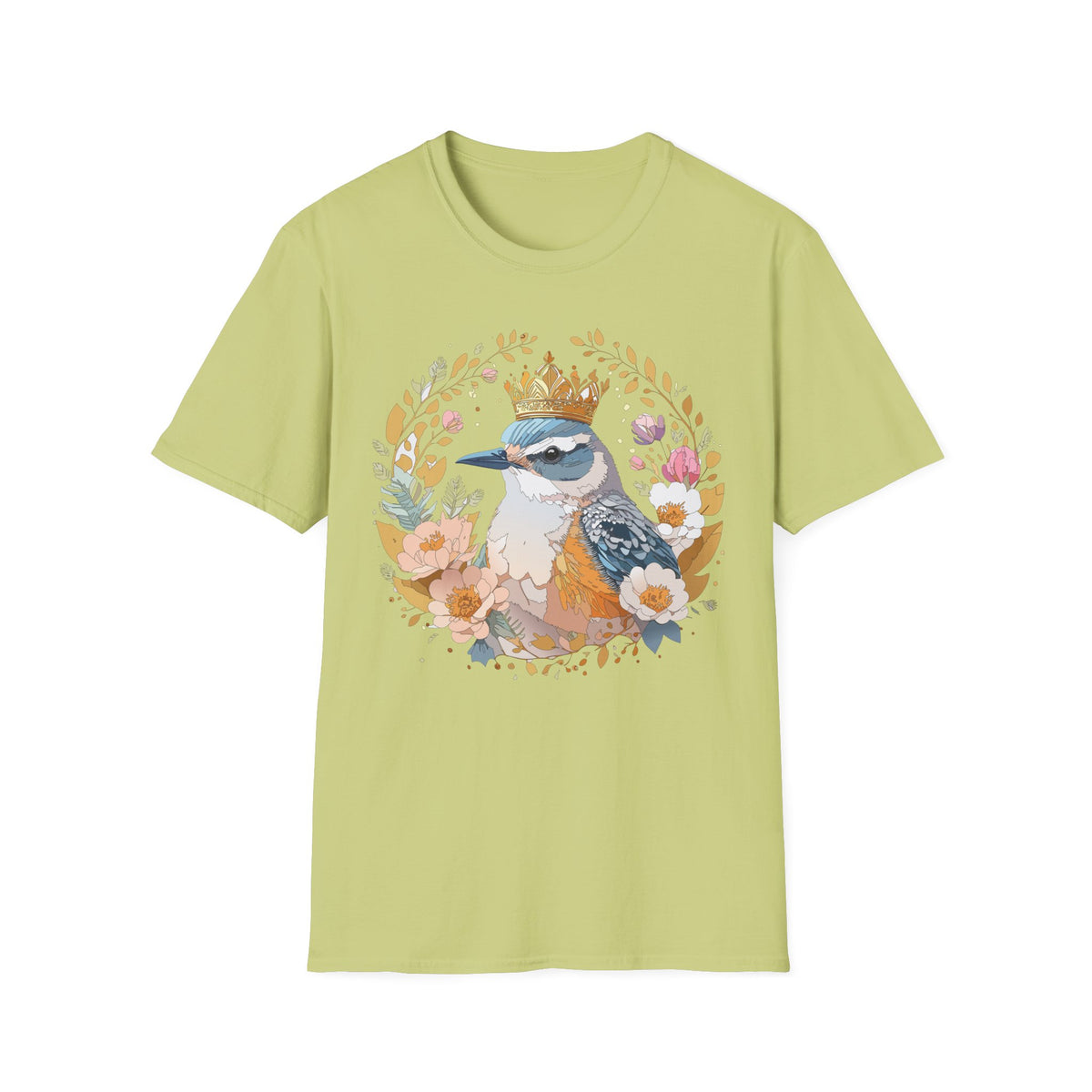 Crowned Bluebird Floral Illustration T-Shirt | Whimsical Bird Art