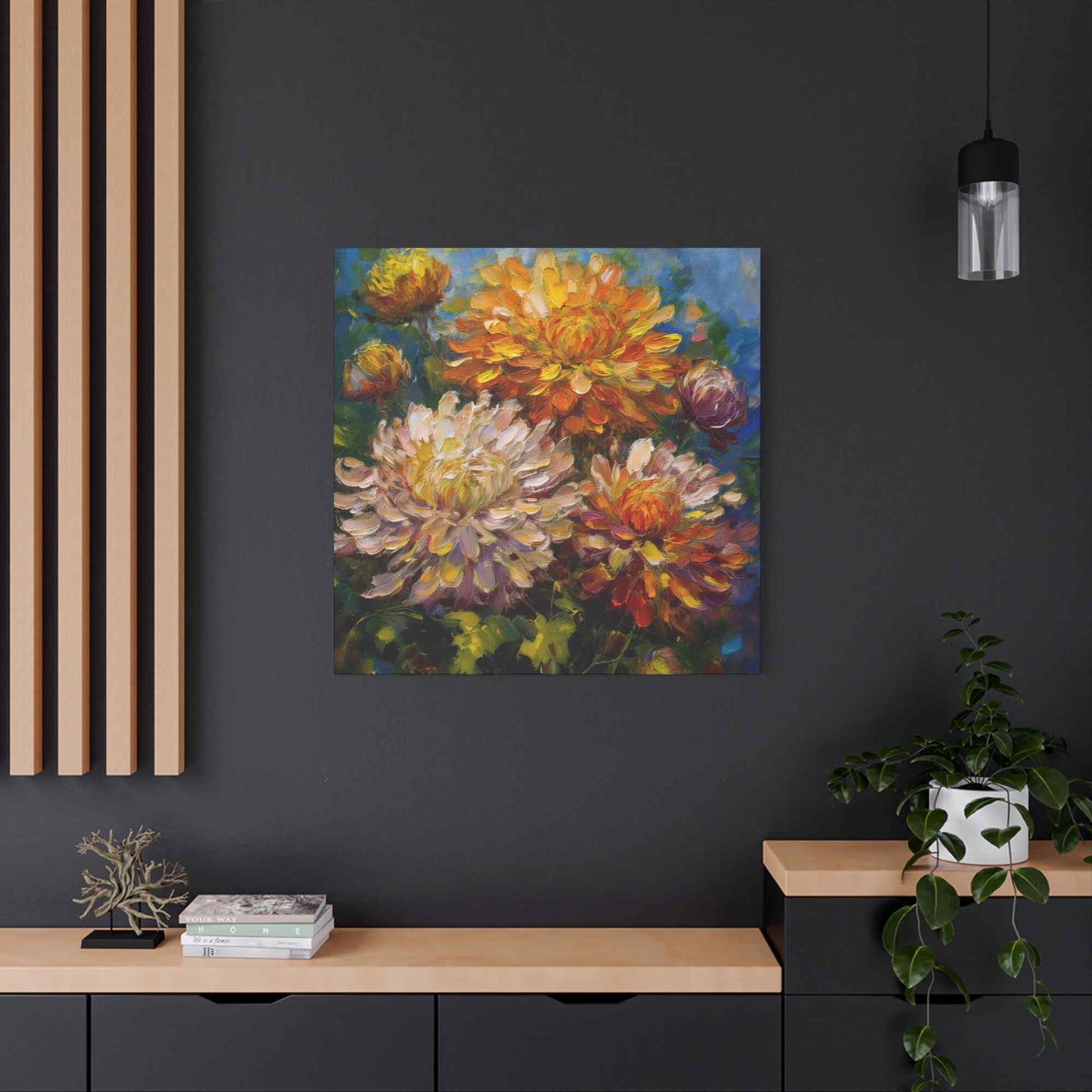 Chrysanthemums Print Canvas, Floral Oil Paint Print 20x20, 24x24, 30x30, 32x32, 36x36 Art Design Pine-Wood Inner Frame MC-156