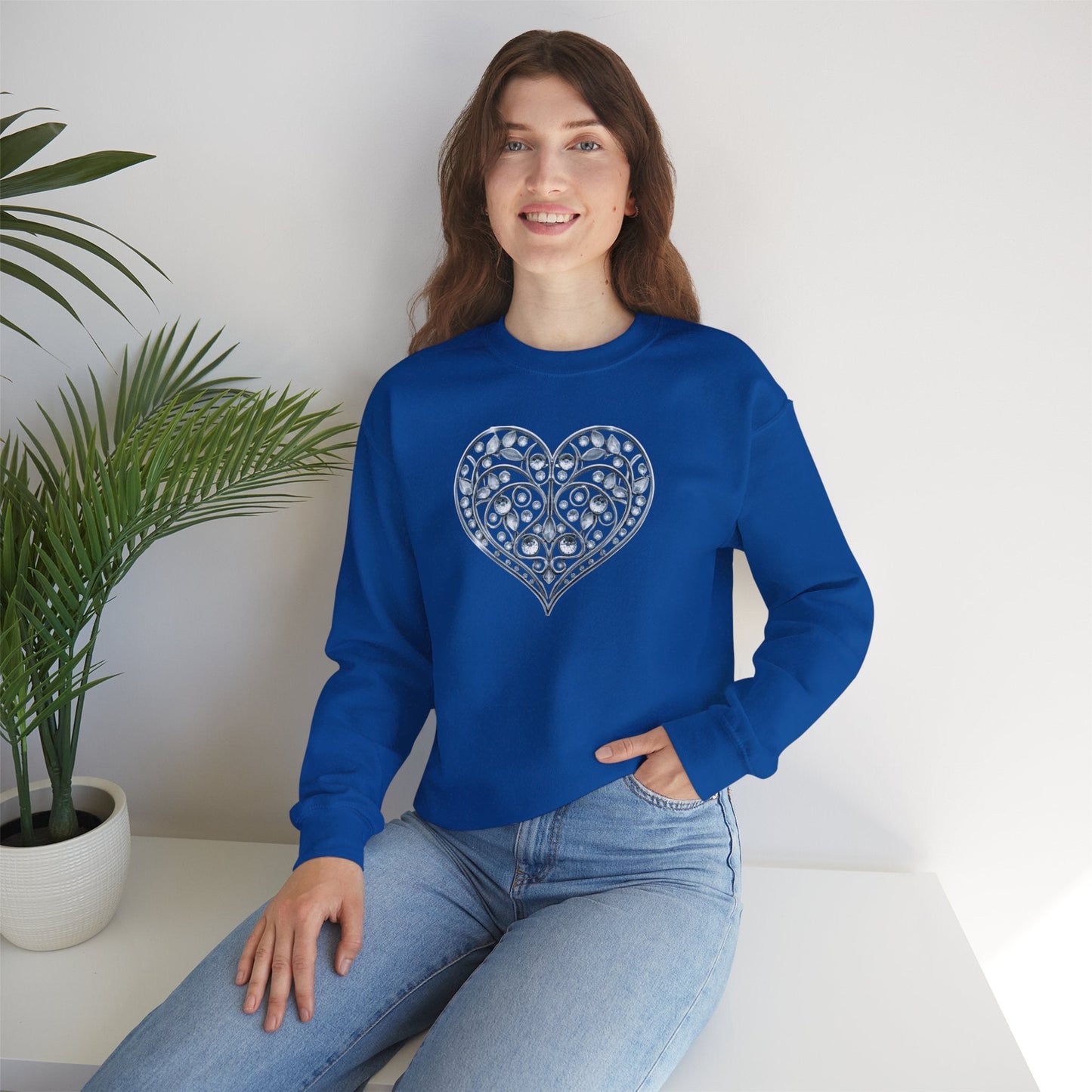 Big Crystal Heart Sweatshirt Unisex Fifty Fifty Cotton Poly Crewneck Valentines Day Sweatshirt