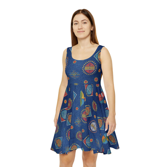 Women Denim Print Skater Dress, Denim Print Poly-Span Dress - 43