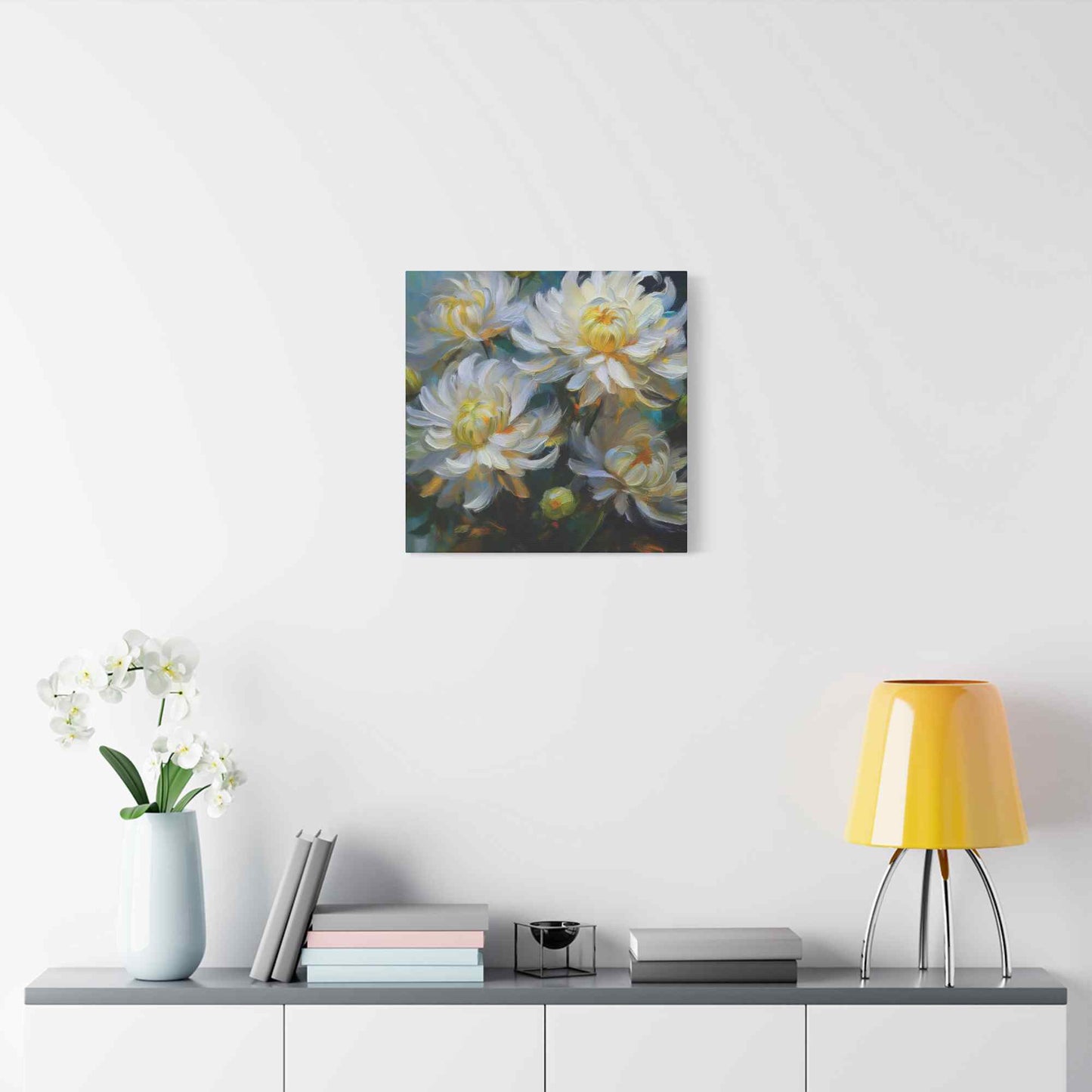 Chrysanthemums Print Canvas, Floral Oil Paint Print 20x20, 24x24, 30x30, 32x32, 36x36 Art Design Pine-Wood Inner Frame MC-159