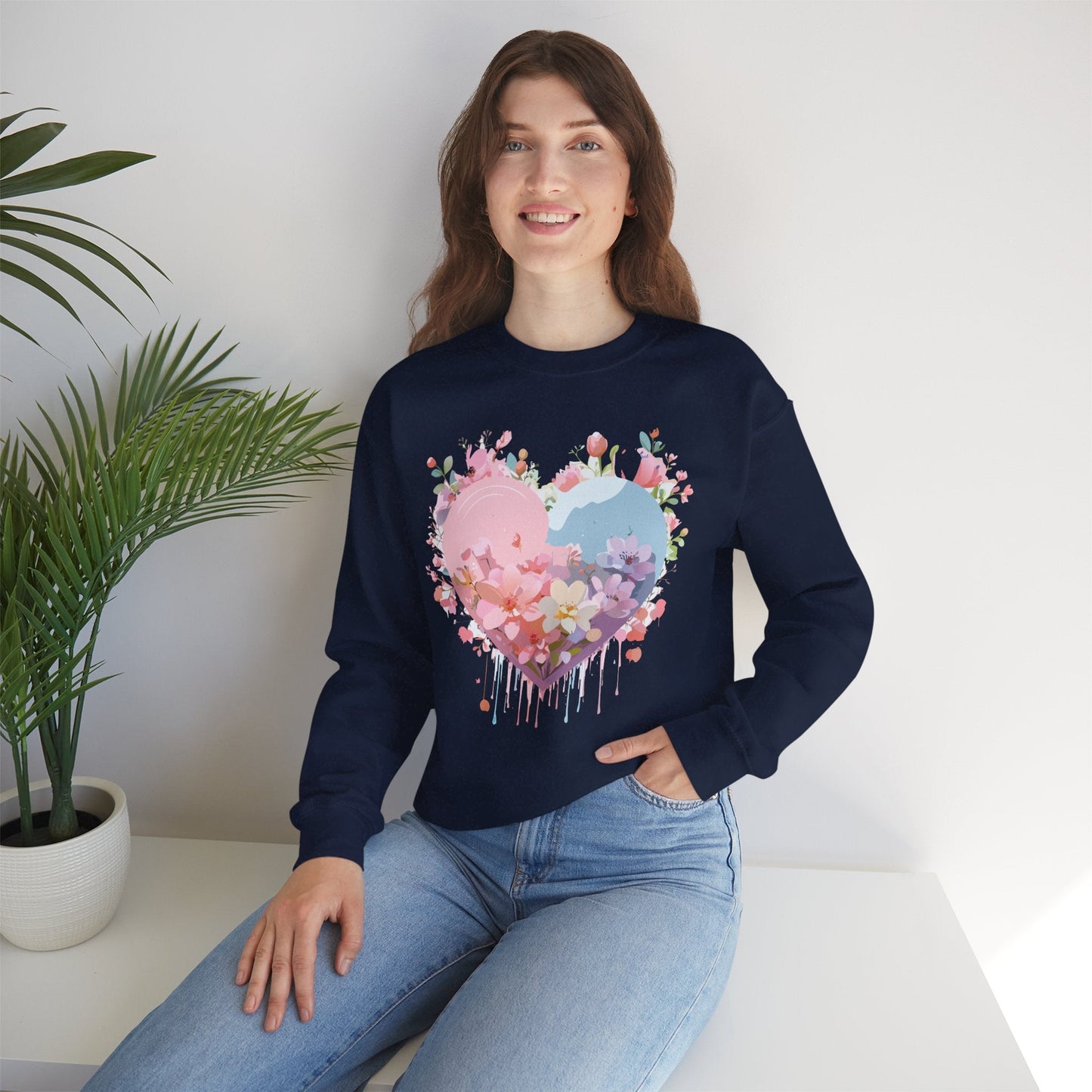 Floral Heart Sweatshirt Unisex Valentine Day Crewneck Gildan 18000 Heavy Blend Winter Wear